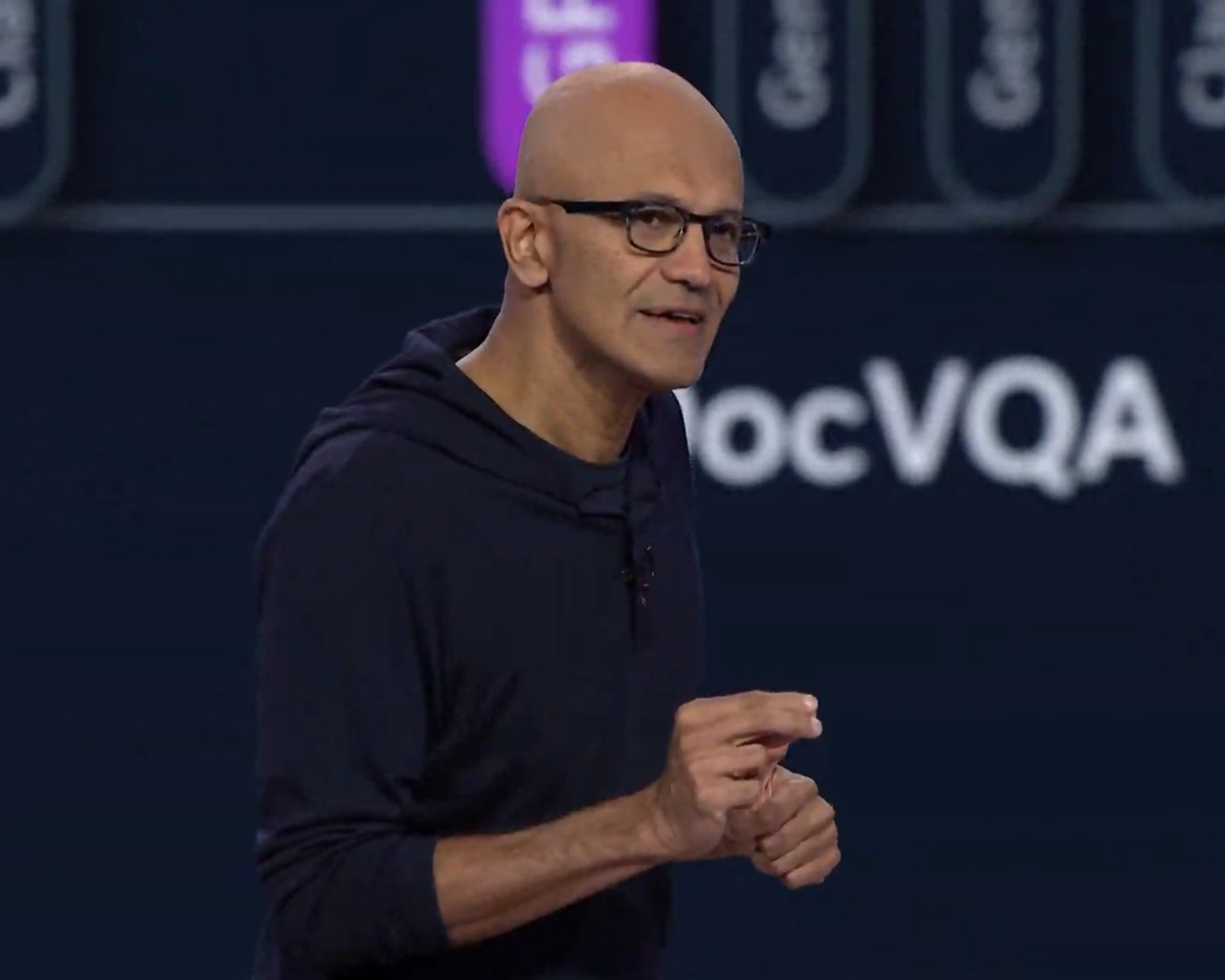 A picture of Microsoft CEO Satya Nadella speaking.