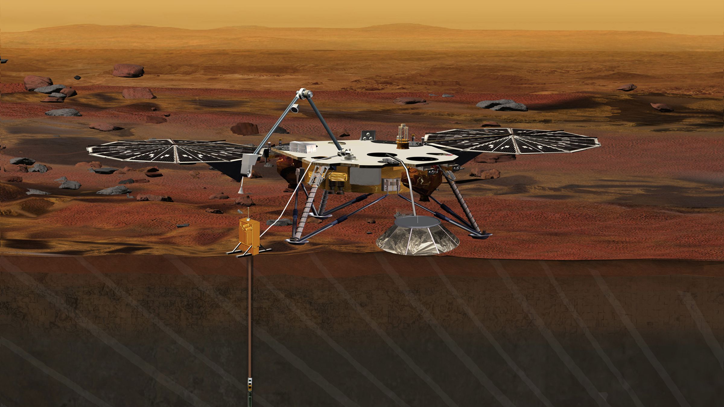 An artistic rendering of what InSight will look like on Mars’ surface.