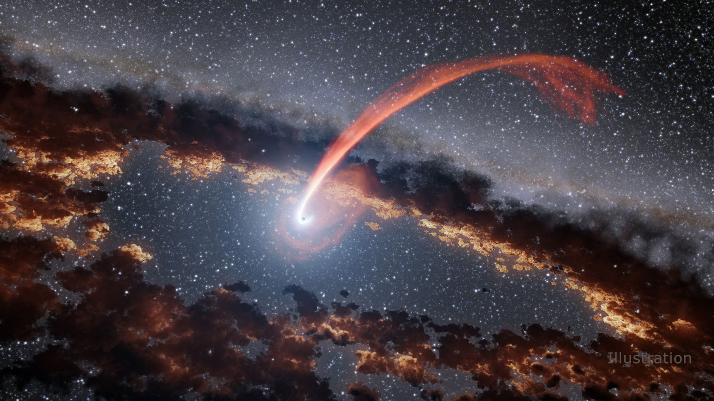 An artistic rendering of a star being pulled apart by a black hole.