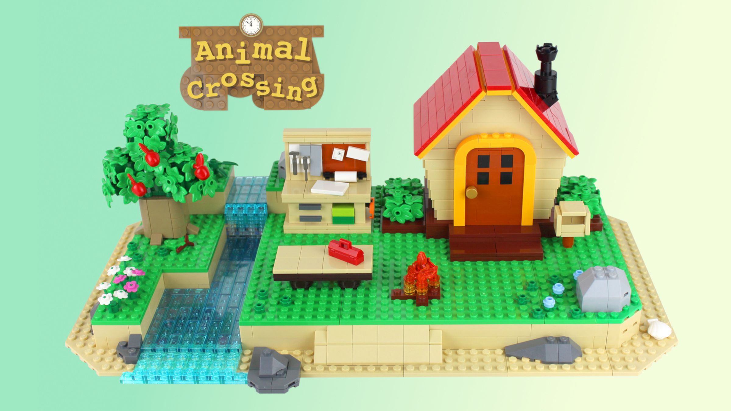 Image of an Animal Crossing lego set, including a house, beach, workbench, and river.