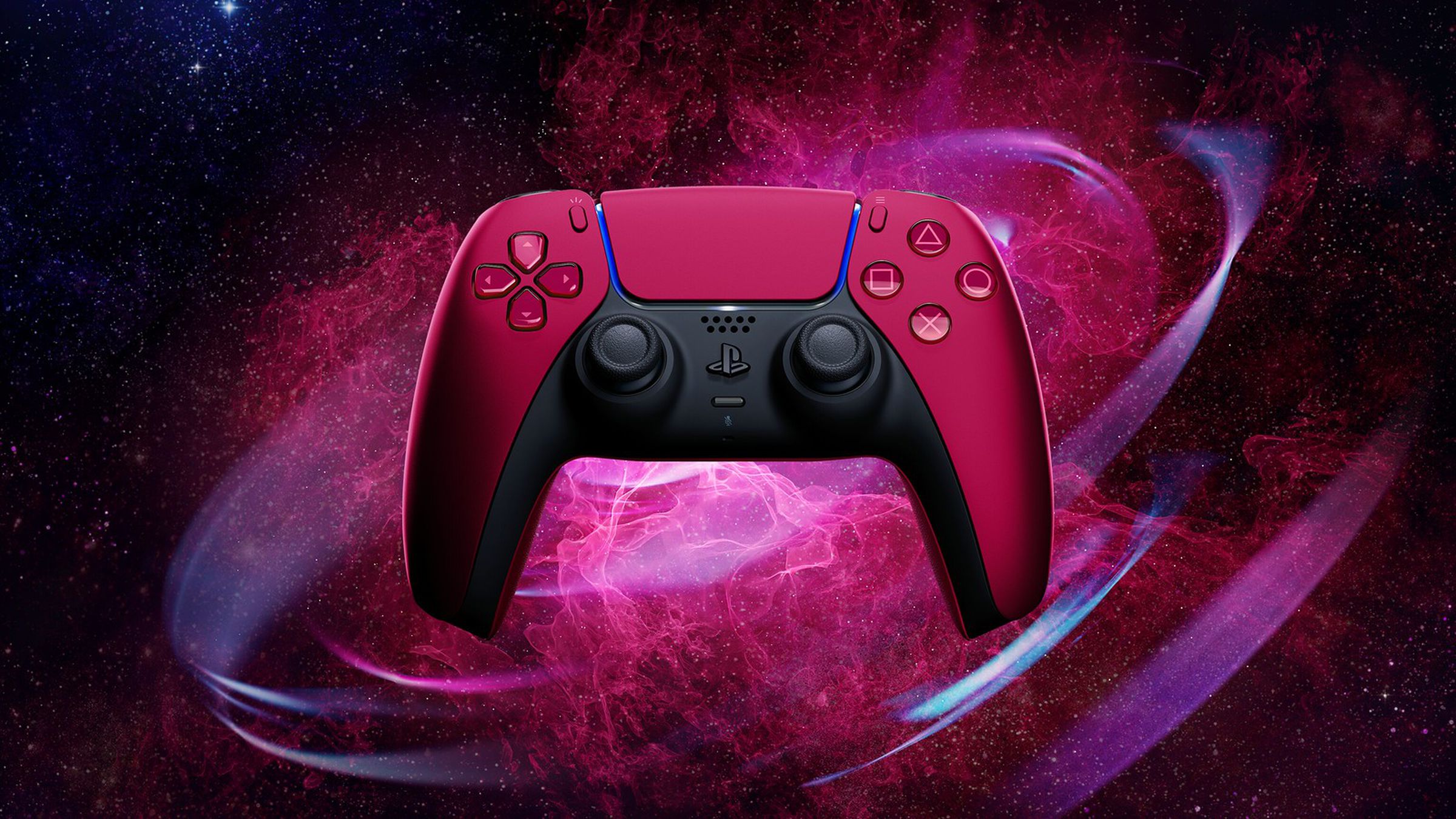 A red DualSense Wireless Controller against a space-themed background.