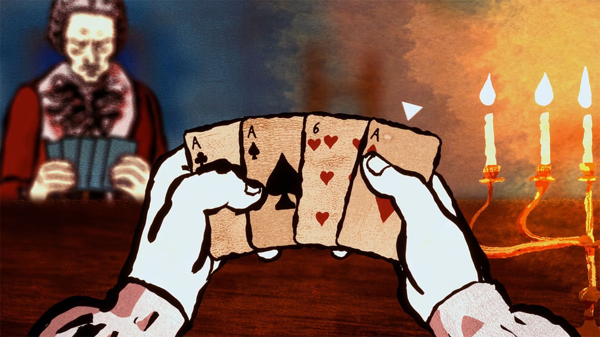 Uma visão em primeira pessoa de quatro cartas - três ases e um seis de copas - com um homem do outro lado da mesa.