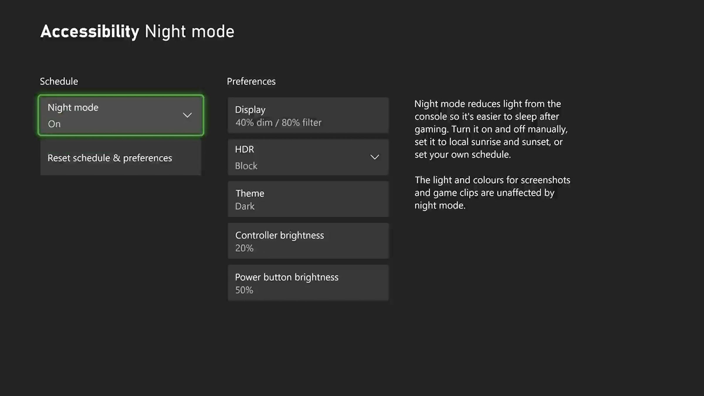 Page headed “Accessibility Night mode” with two columns of boxes, one headed Schedule and the other Preferences; to the right of that is an explanation of what night mode does.