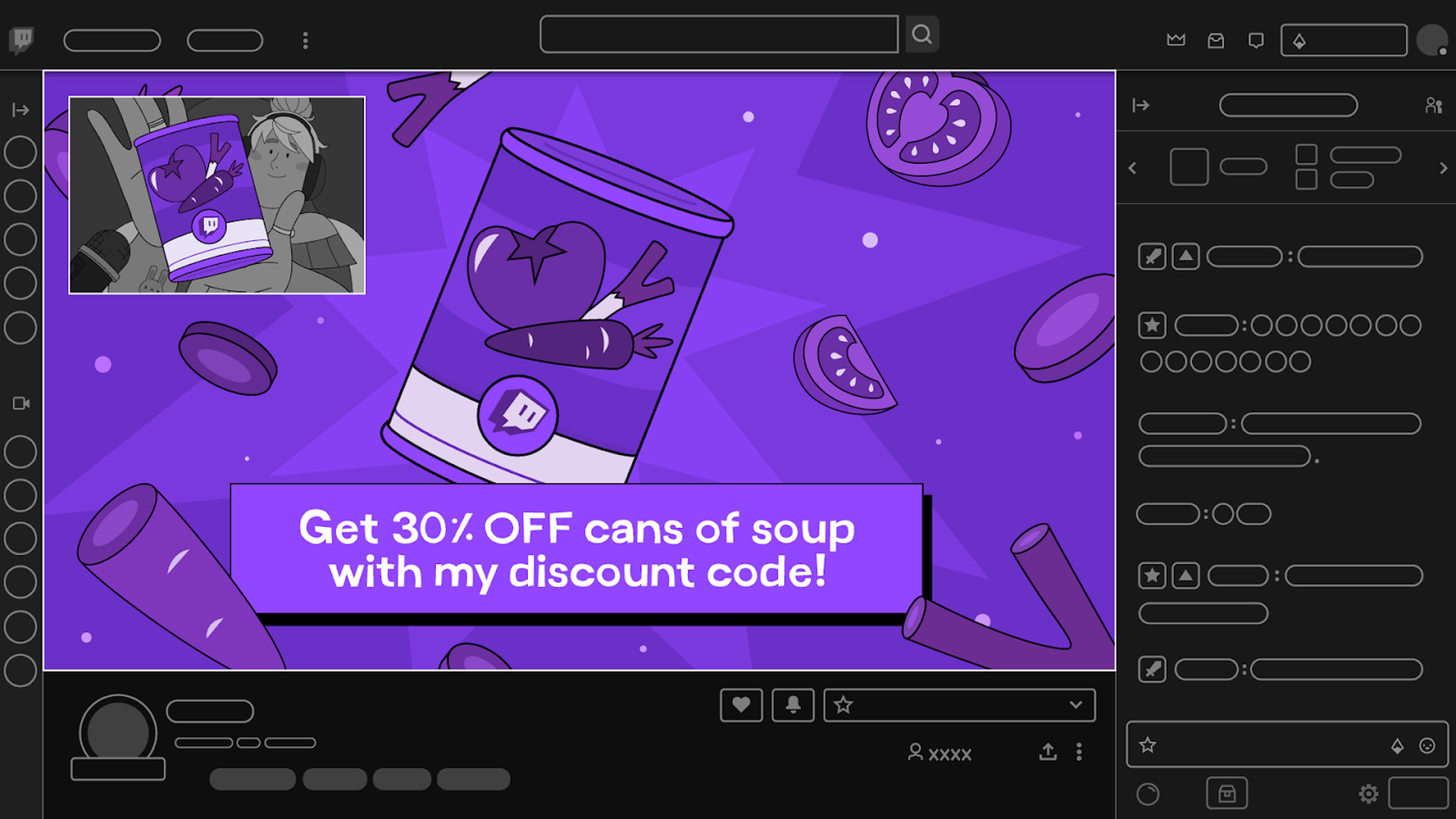 Image from Twitch illustrating an example of a static display ad featuring a purple image advertising a can of soup