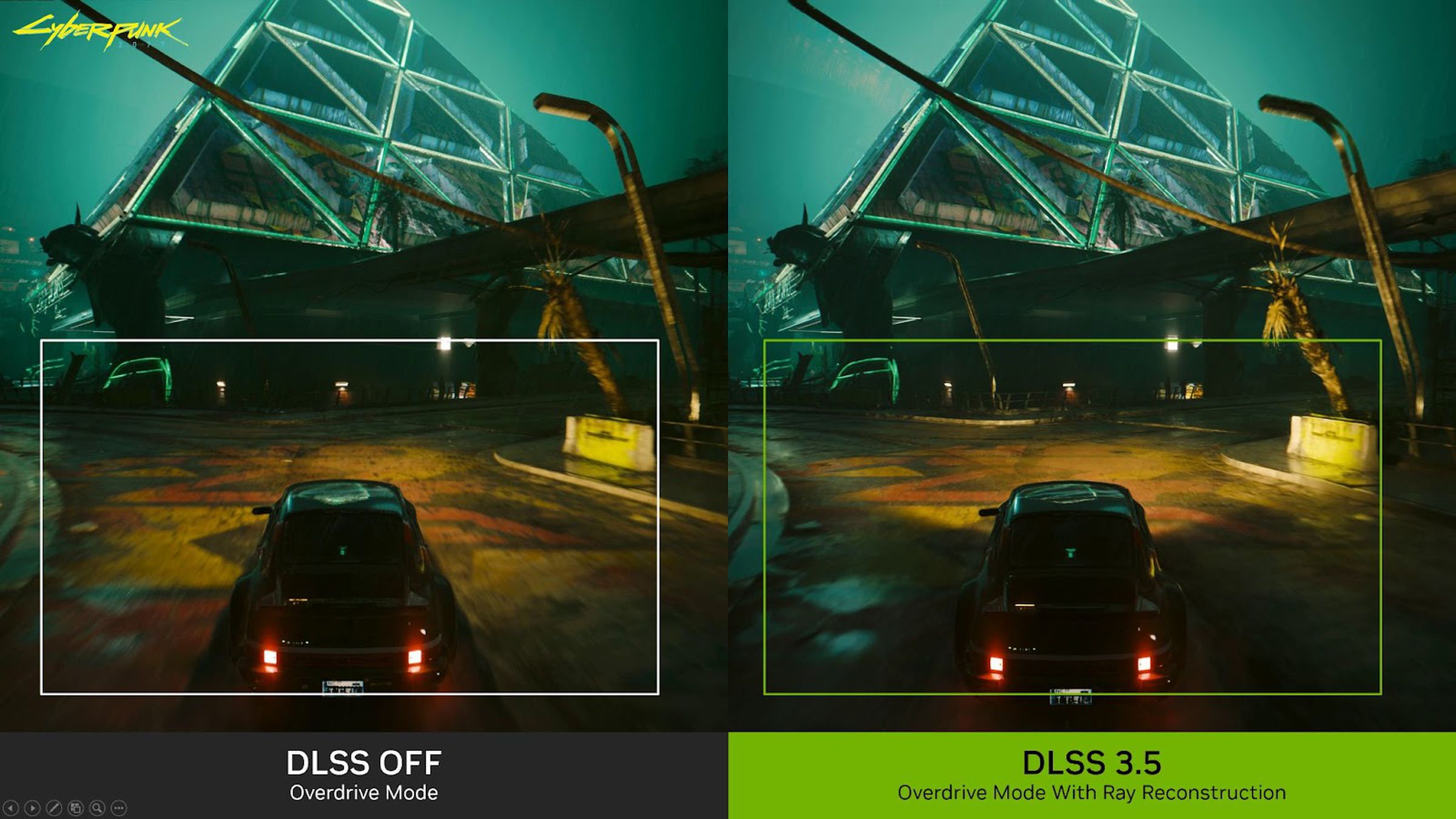 An image showing a comparison of Cyberpunk gameplay with DLSS 3.5 on and off