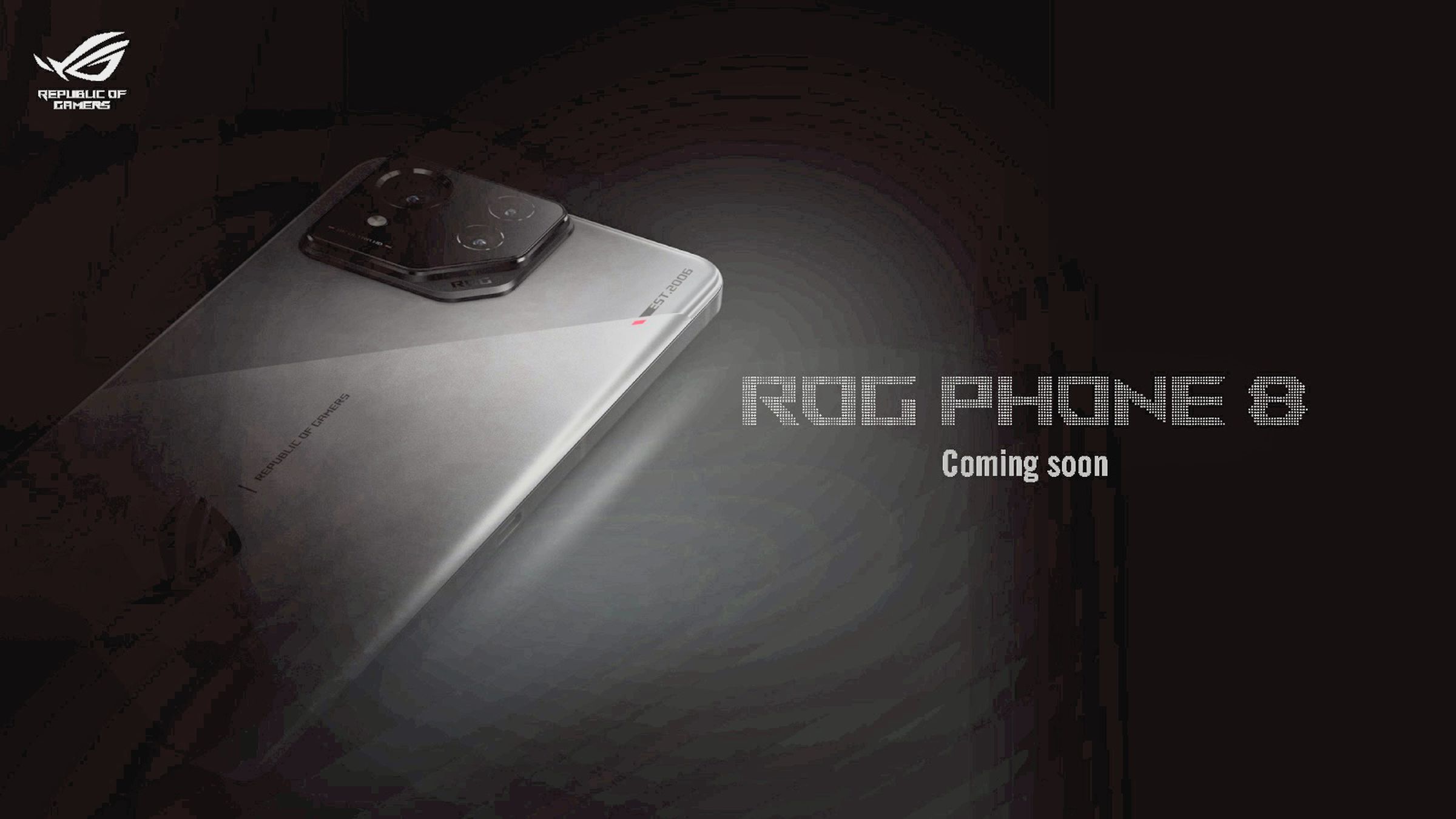 ROG Phone 8 coming soon, with a shadowy image of the phone rear and a “EST 2006” print