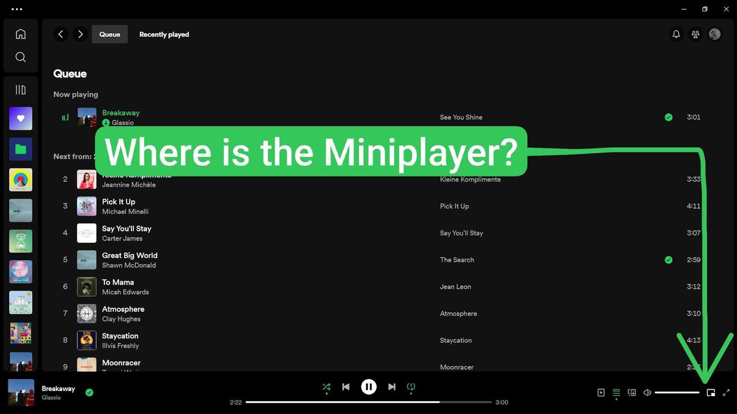 A screengrab of the new Spotify miniplayer symbol .