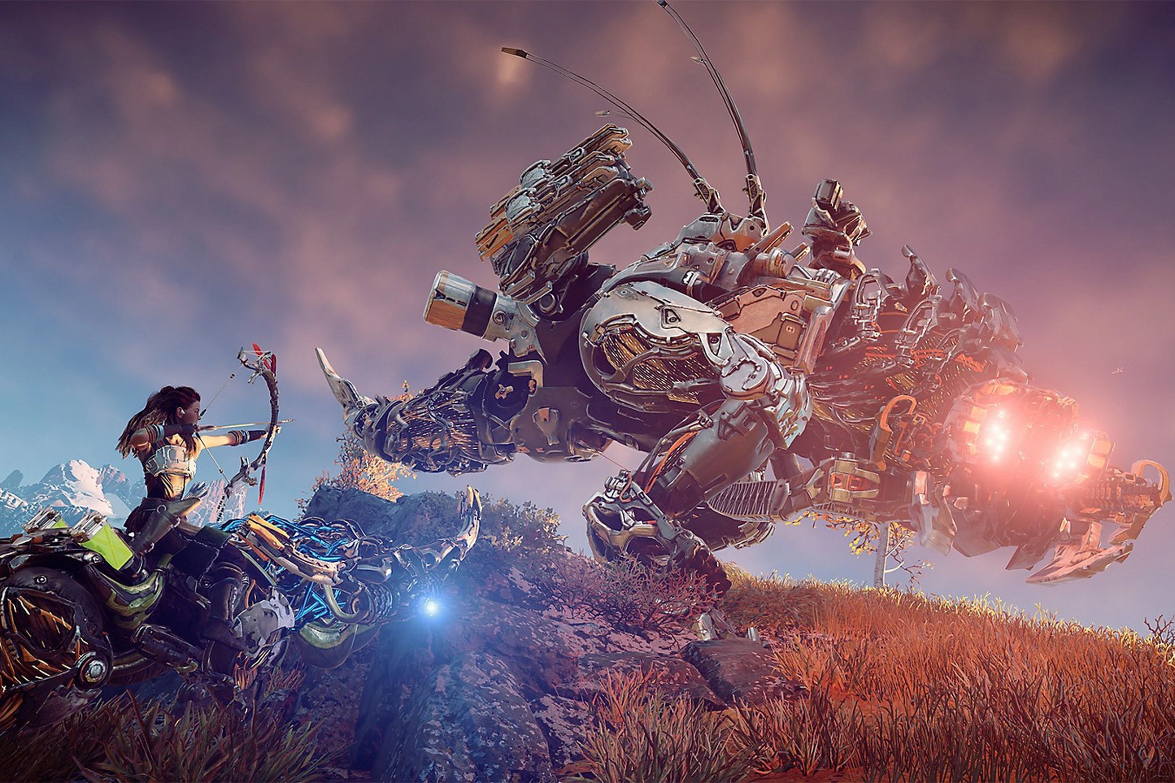 Aloy, while riding a machine, draws her bow toward a looming enemy nearby.