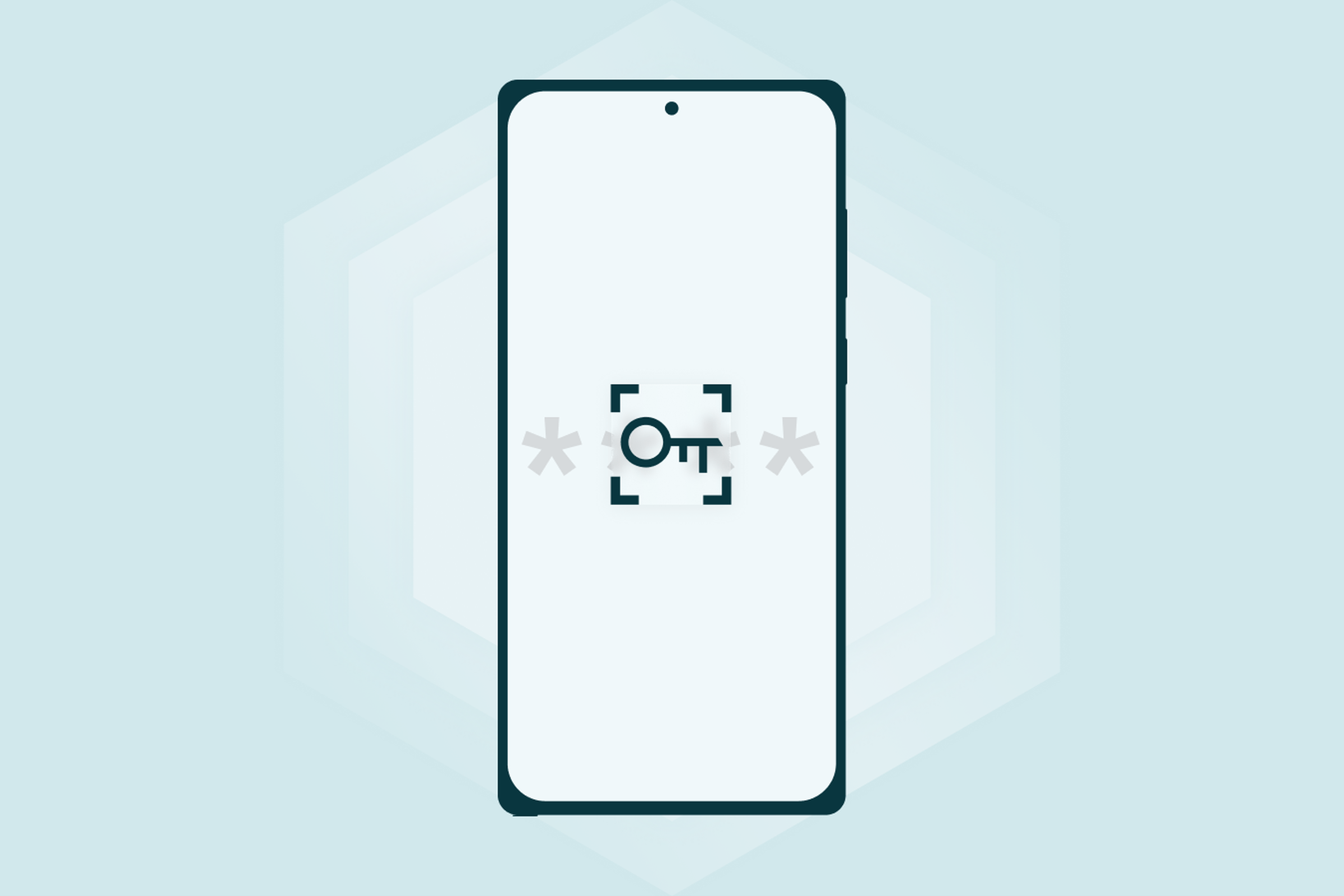 A vector silhouette of an Android phone with a hole-punched camera and a key icon in the middle.