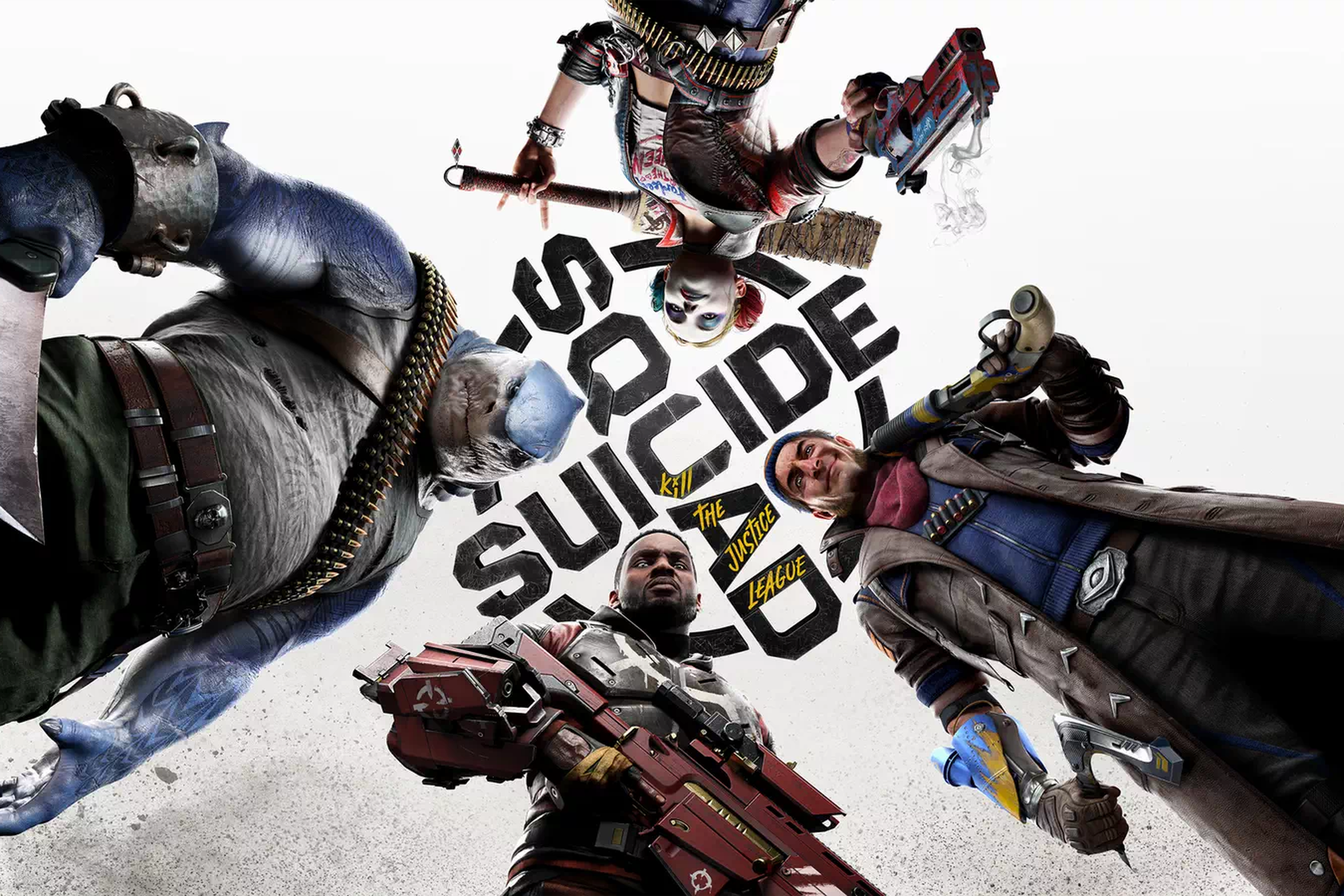Image from Suicide Squad: Kill the Justice League featuring Harley Quinn, Captain Boomerang, King Shark, and Deadshot standing in a circle looking down at the viewer