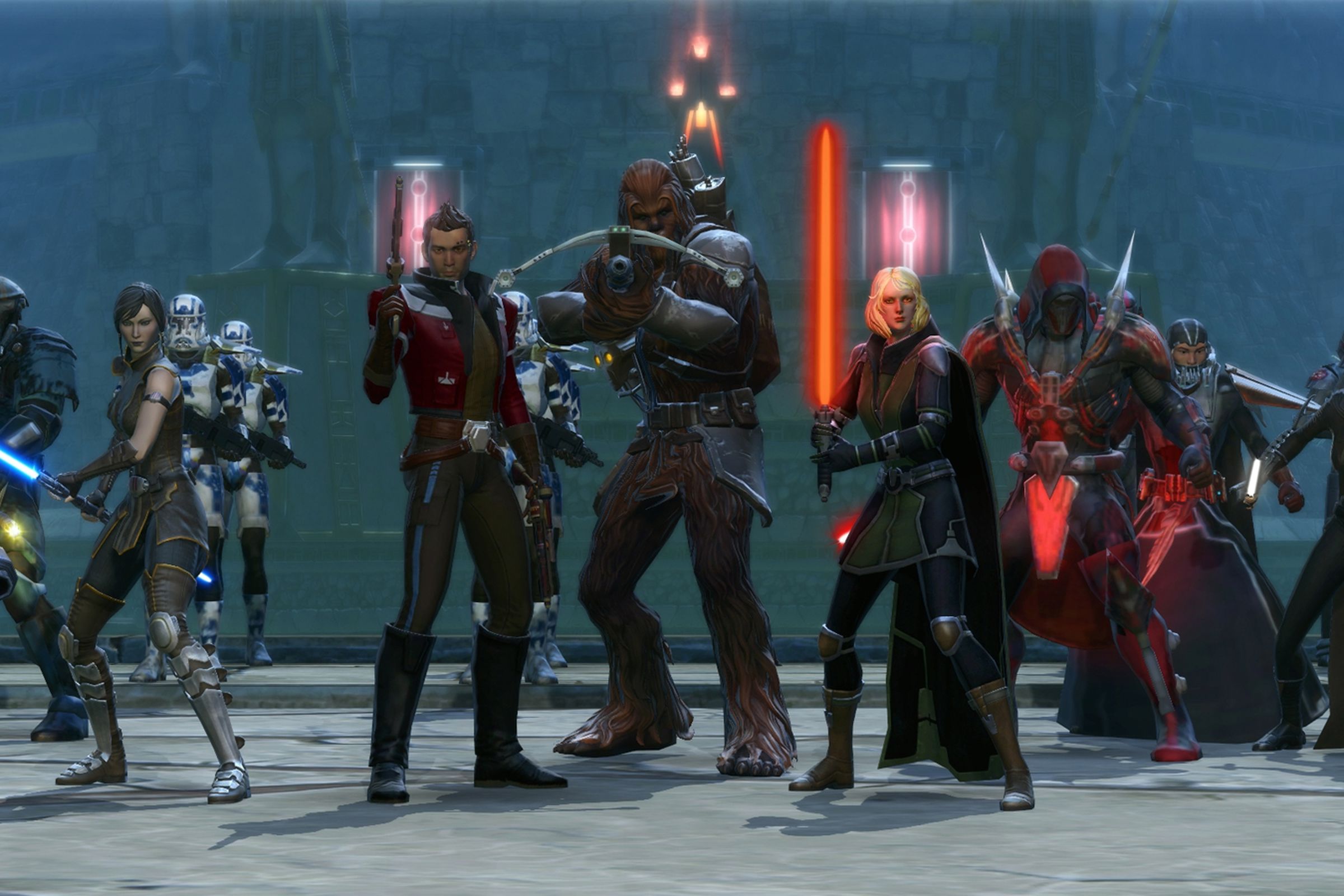 Screenshot from Star Wars: The Old Republic featuring a gathering of Star Wars themed characters