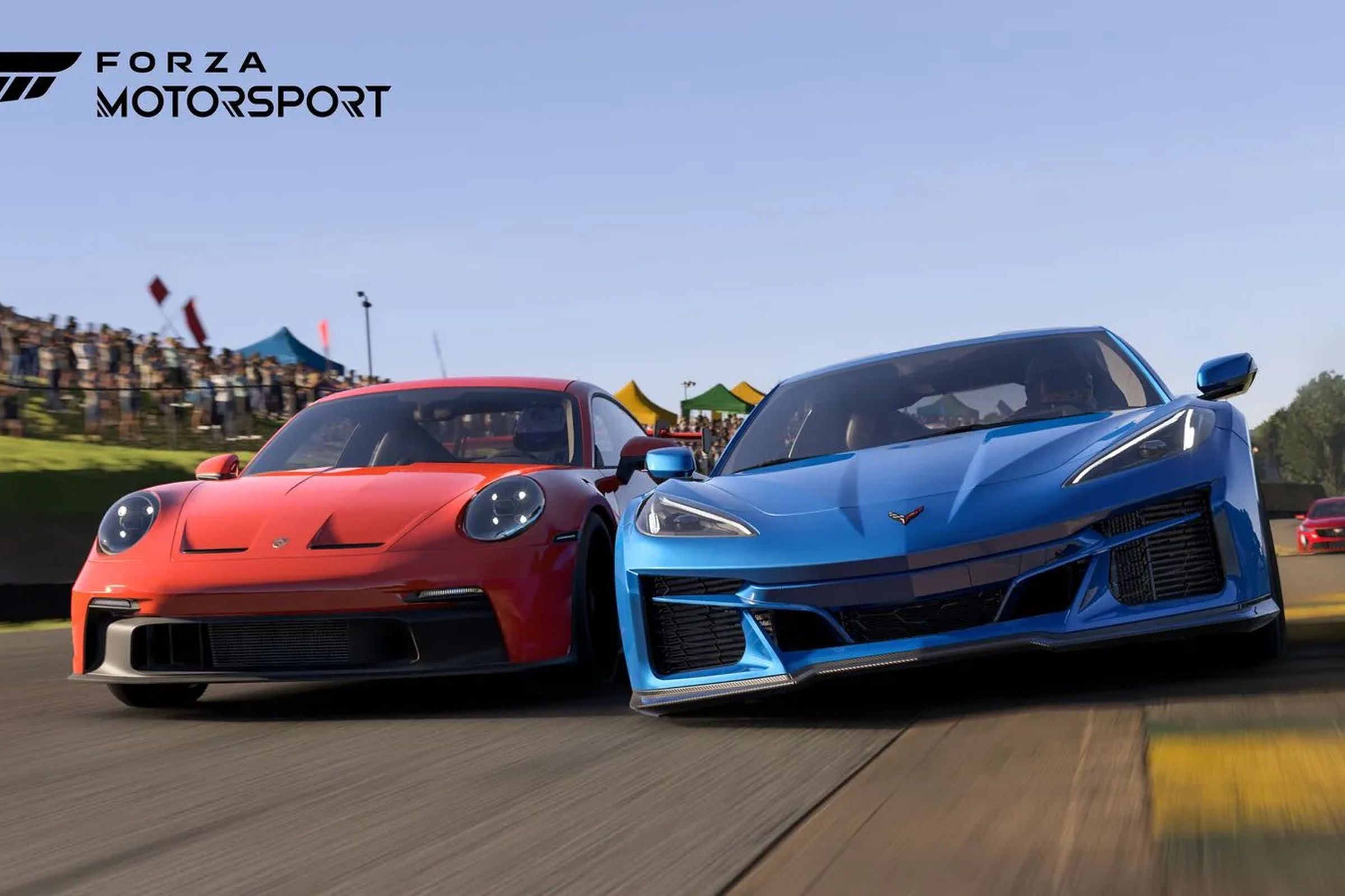 An image showing two cars on a racetrack in Forza Motorsport