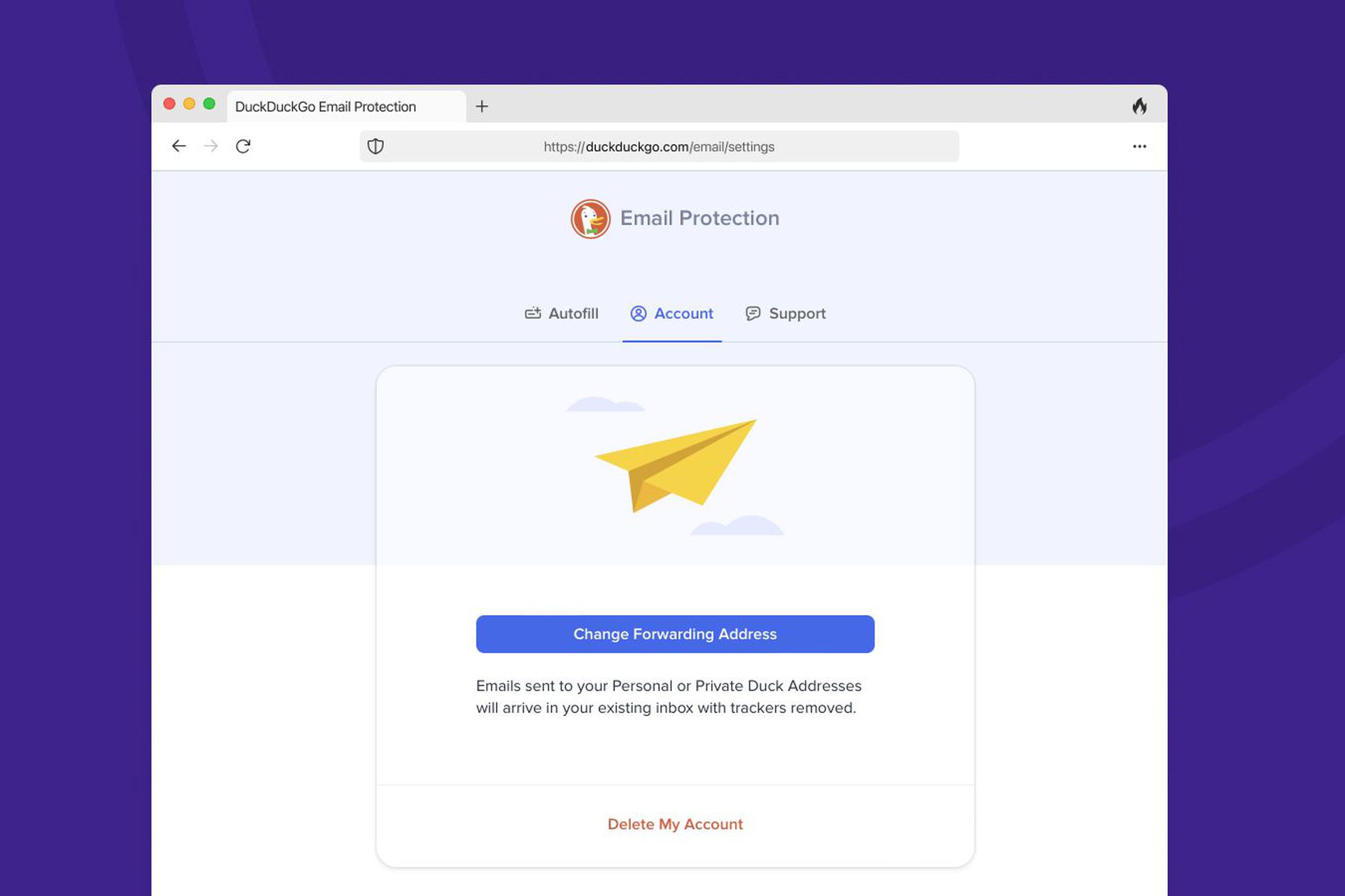 DuckDuckGo’s Email Protection dashboard.