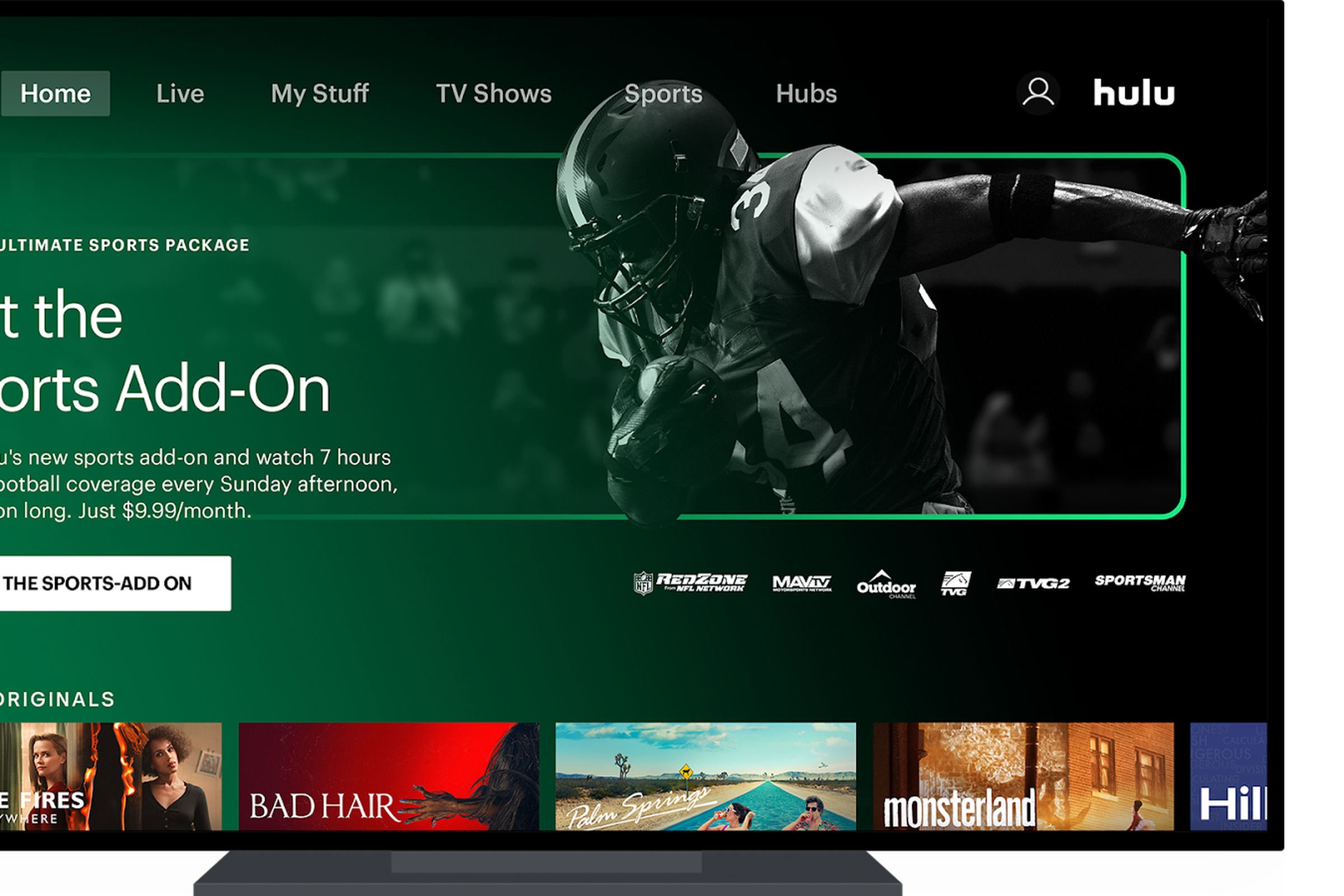 Hulu with Live TV’s Sports Add-On displaying on a TV.