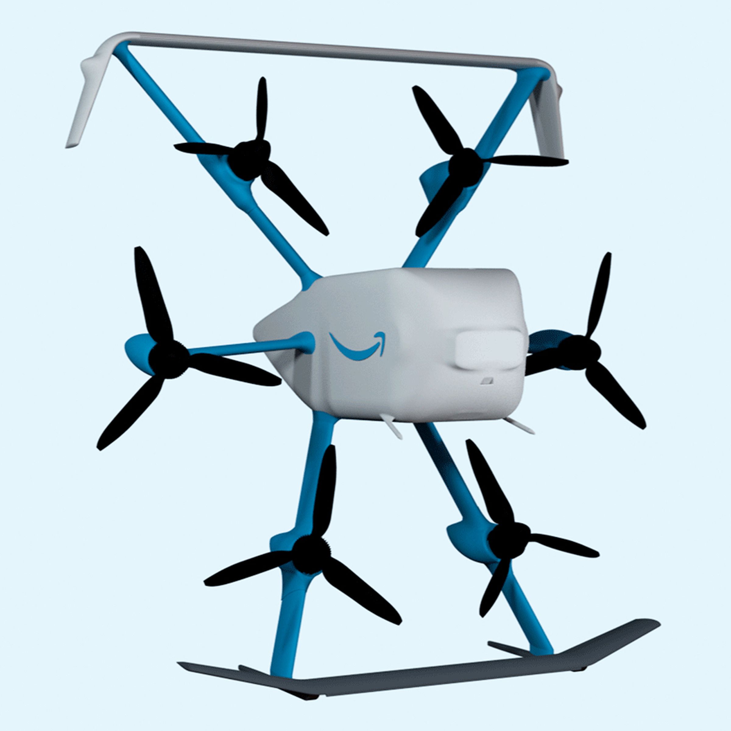 Amazon’s MK30 drone has six propellers in a hexagonal arrangement, with wings attached to the top and bottom arm pairs, and is colored blue and white. The middle is bulbous and teardrop shaped and has the amazon smile logo on it.