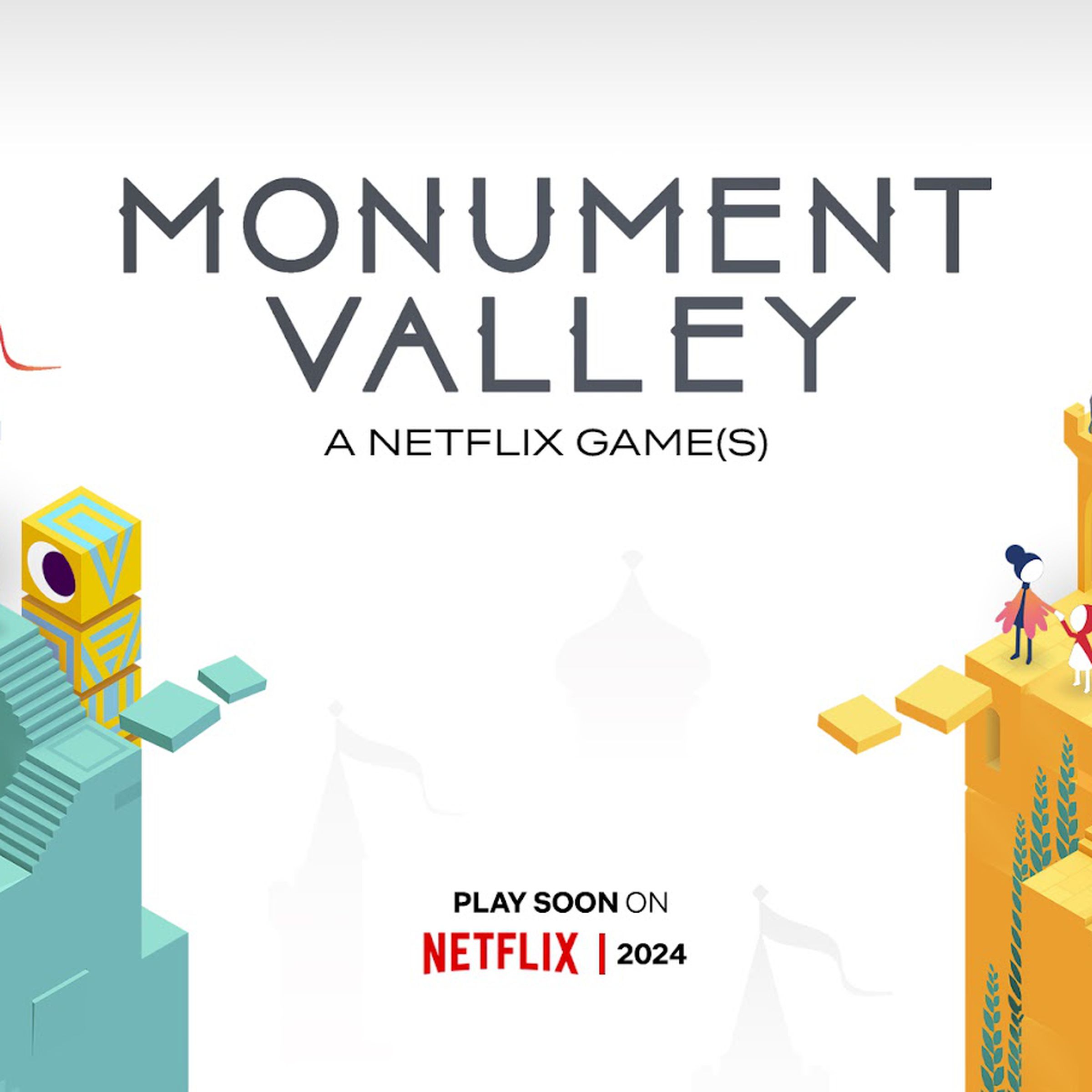 An image of two towers from the Monument Valley game, with the tagline “Play soon on Netflix.” 