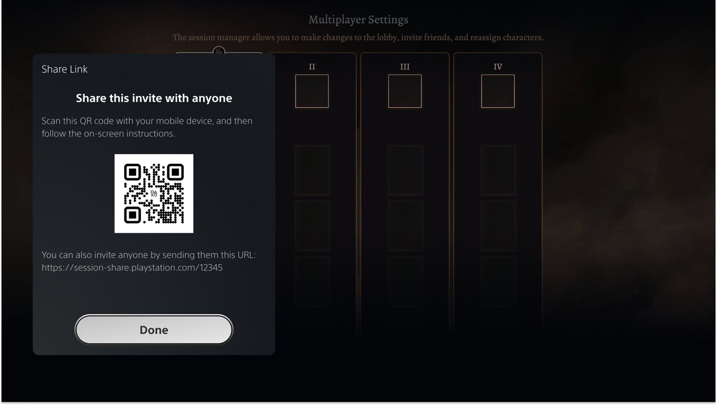 A screenshot showing the QR code generated from a game lobby on the PS5.