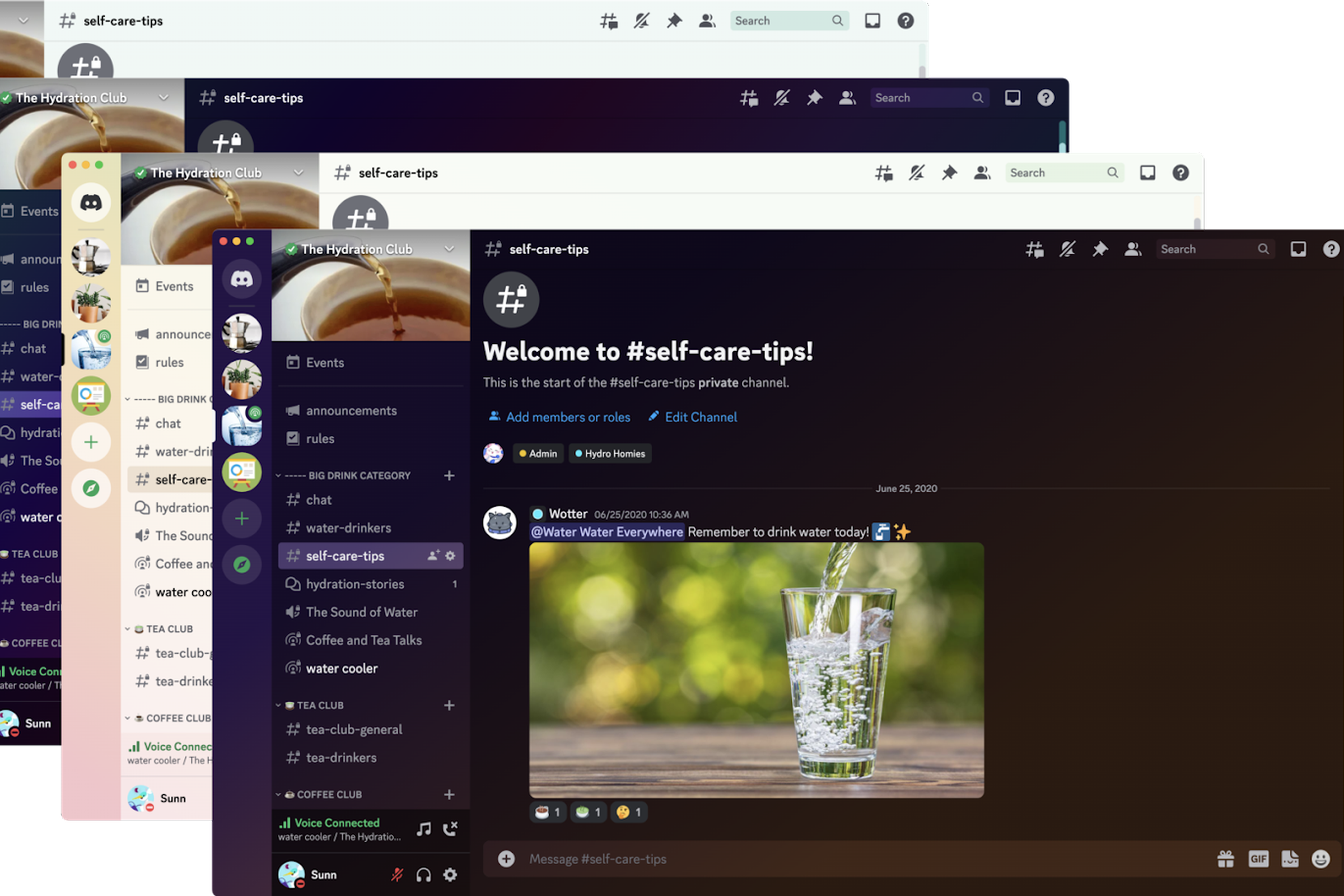 Series of screenshots showing the Discord UI in different colors.