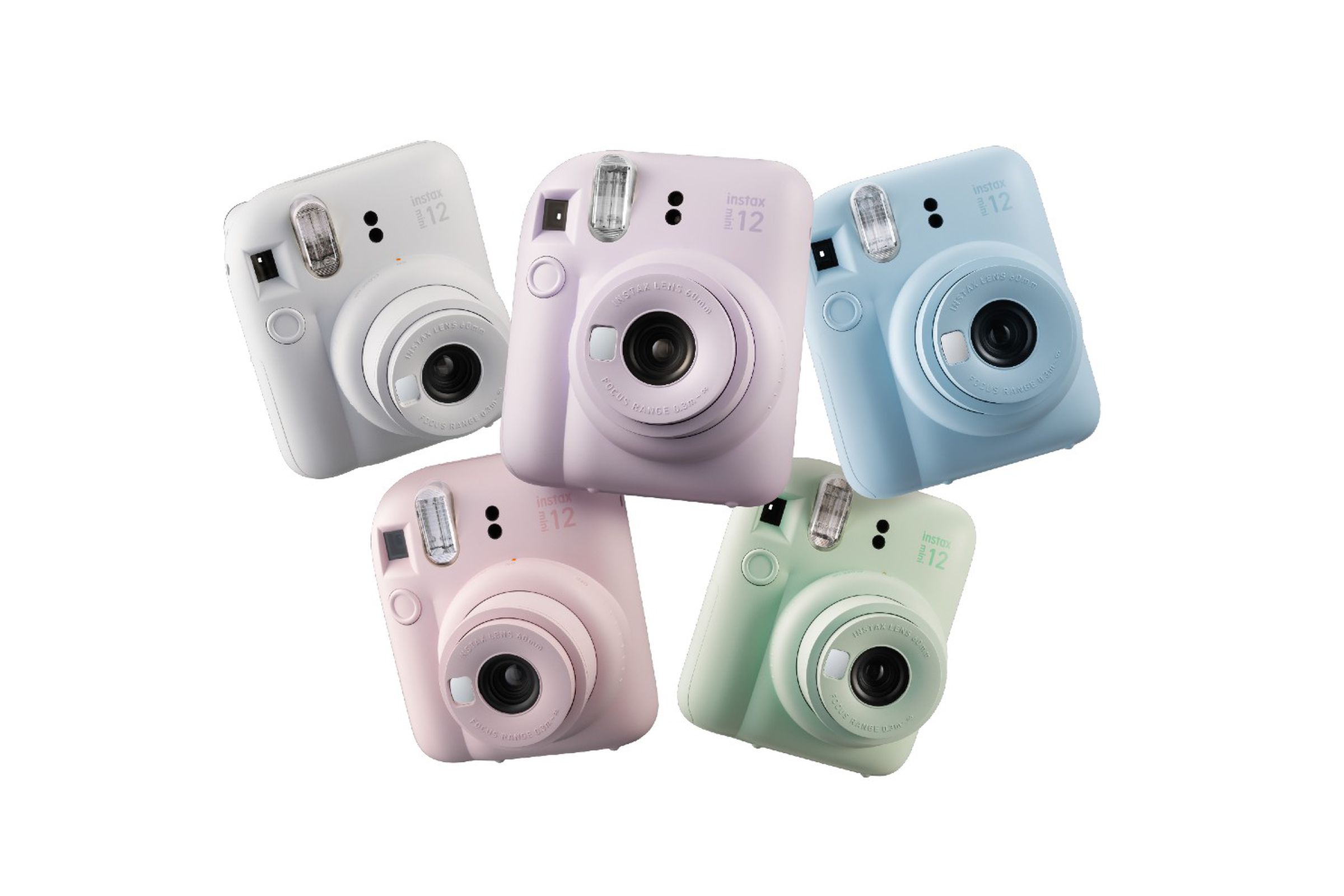 White, purple, pink, blue, and green Fujifilm Instax Mini 12 instant cameras against a white background.