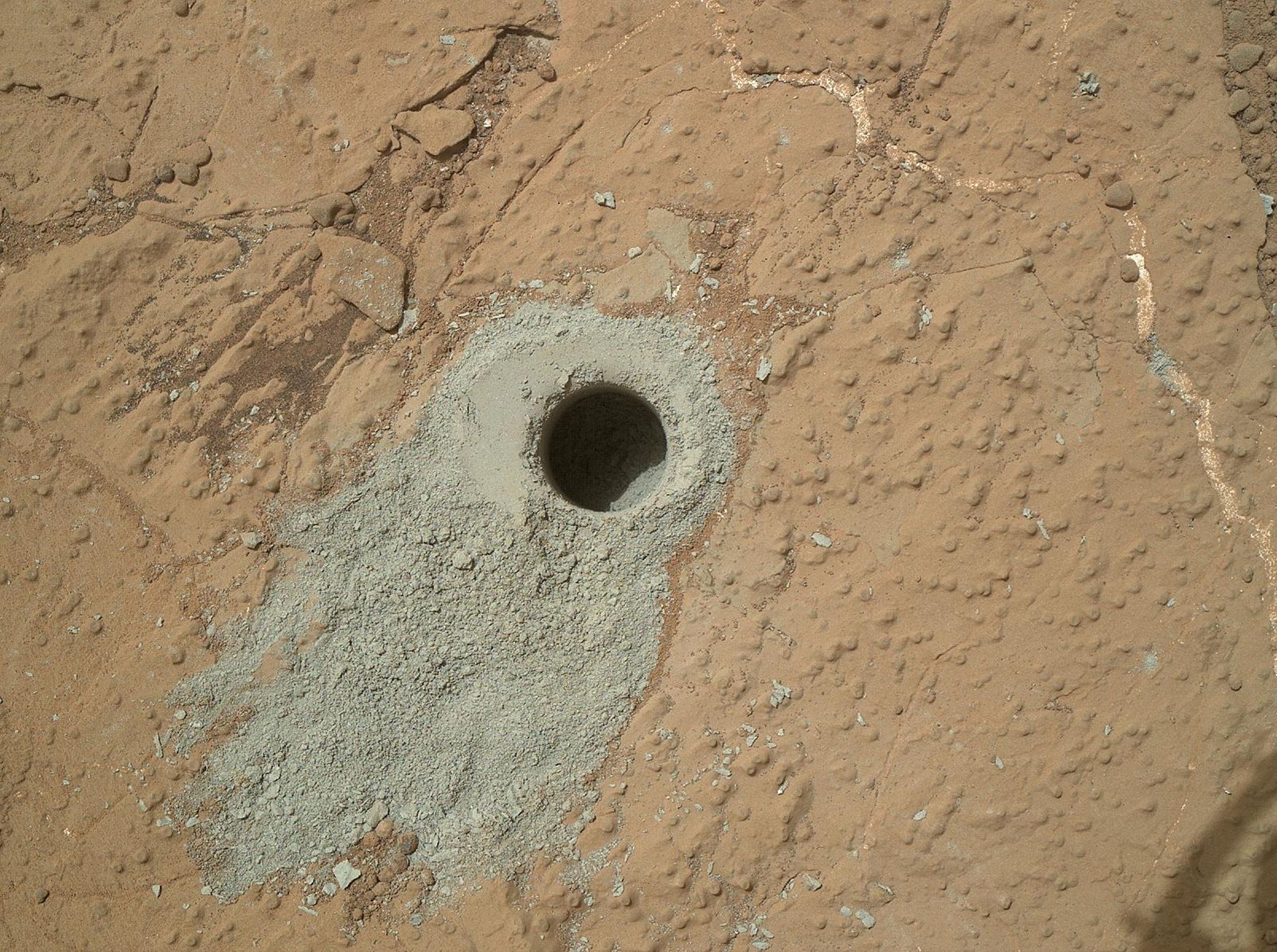 A drill hole made by Curiosity.