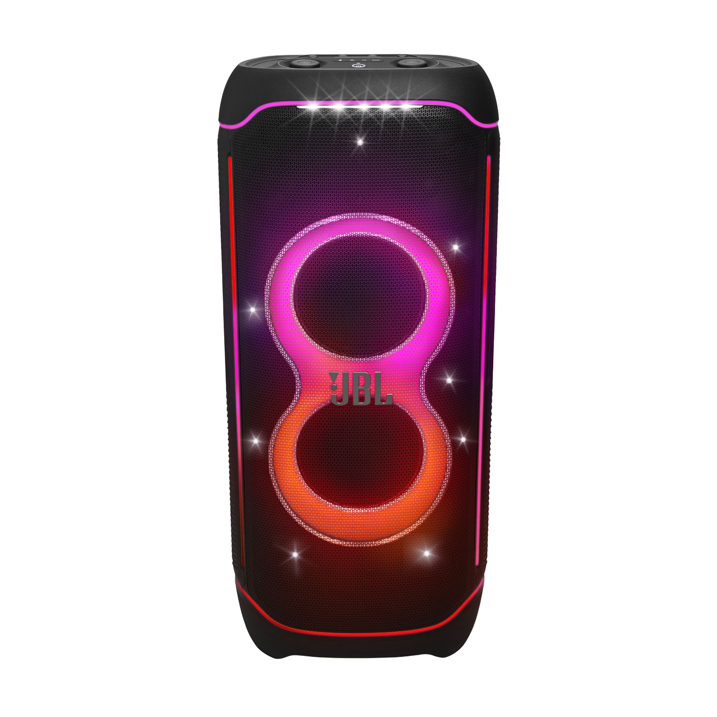 A picture of the partyBox Ultimate. It has two RGB-ringed subwoofers and the speaker grill has an RGB strip surrounding it. It’s tall and skinny, standing on one end.