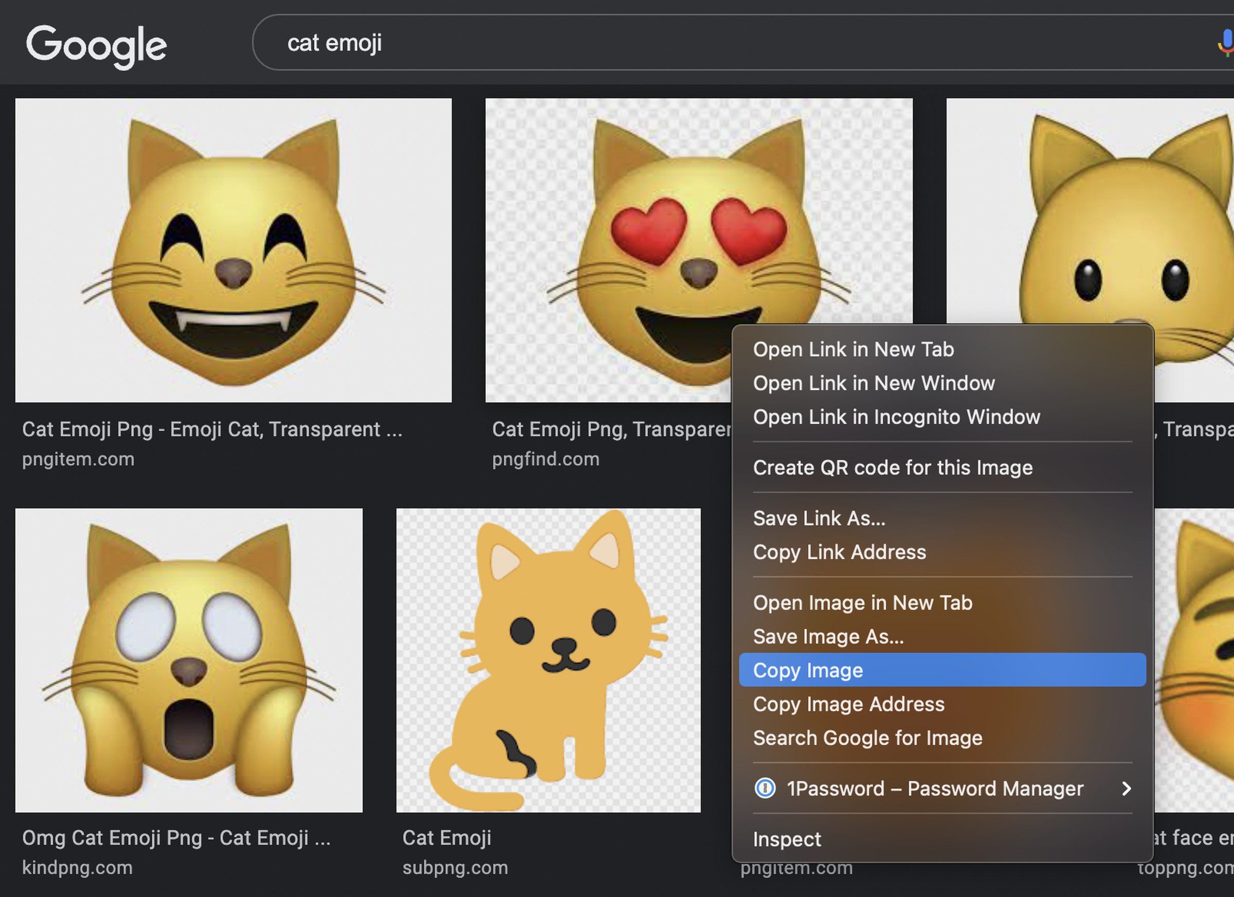 Screenshot of me clicking on “Copy Image” on a menu to save a cat emoji.