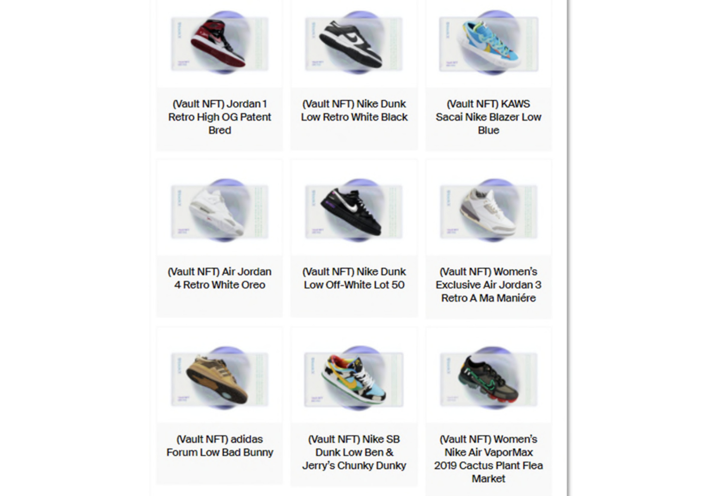 Vault NFT names and images from StockX.