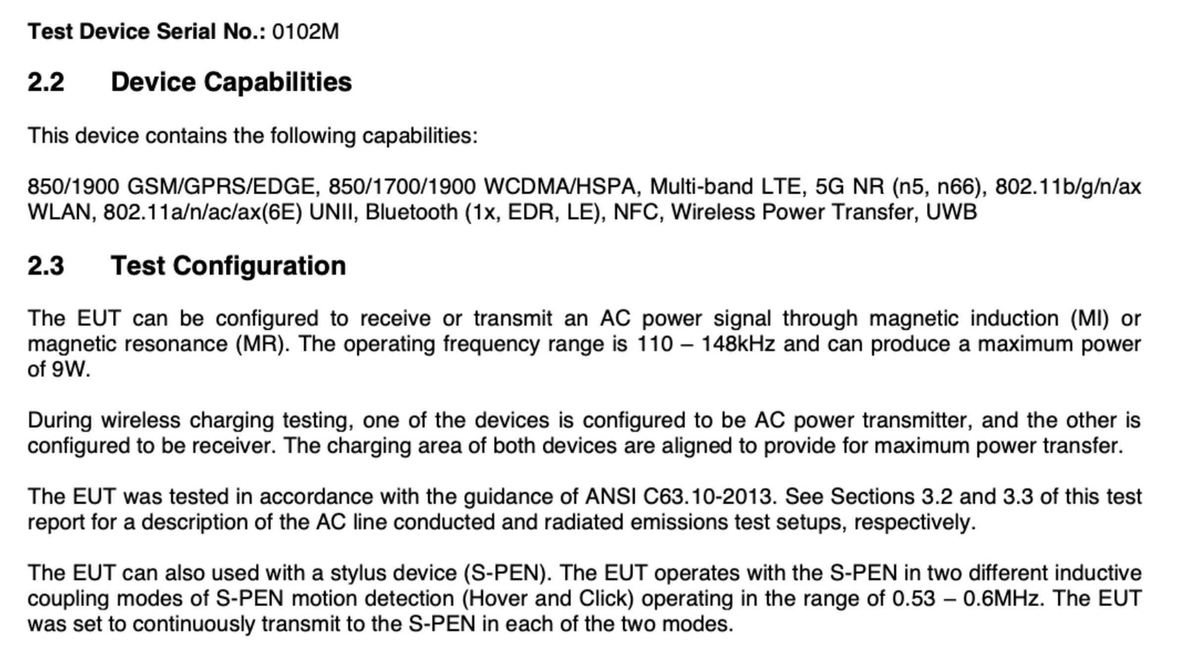 The relevant section of the FCC test report showing S-PEN support and other features.