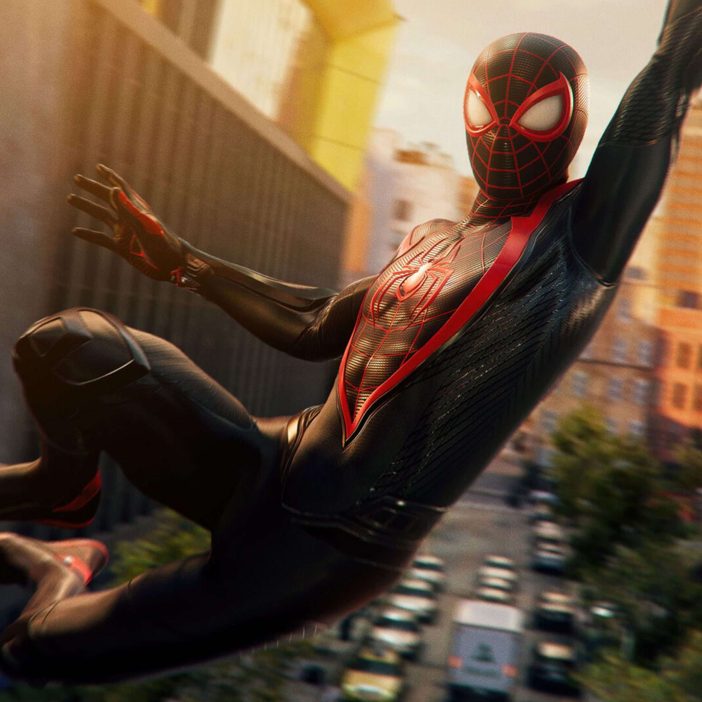 A close-up image of Spider-Man swinging through New York City during sunset.