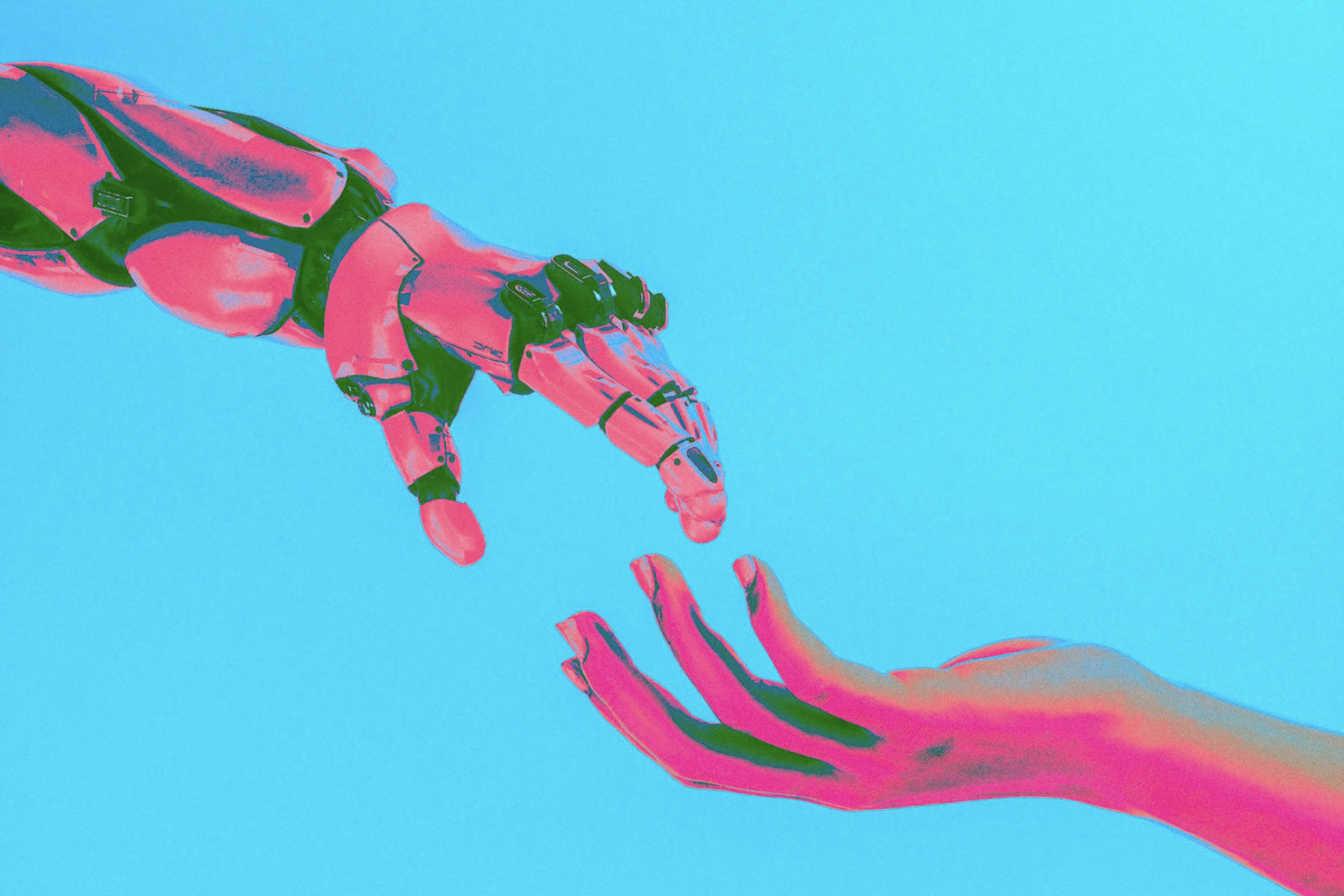 An illustration of a robot hand reaching for a human hand but not touching, evoking “The Creation of Adam.” 