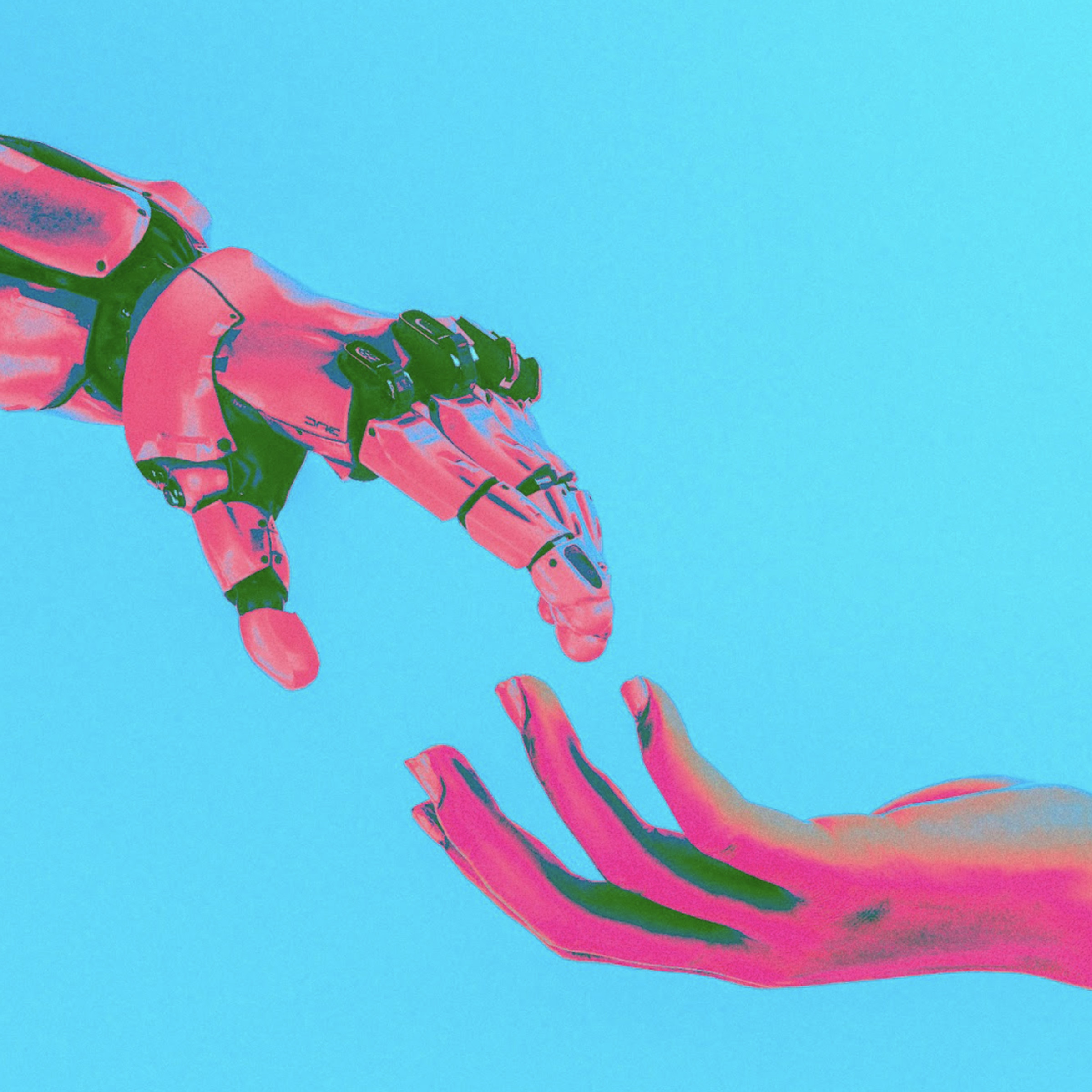 An illustration of a robot hand reaching for a human hand but not touching, evoking “The Creation of Adam.” 