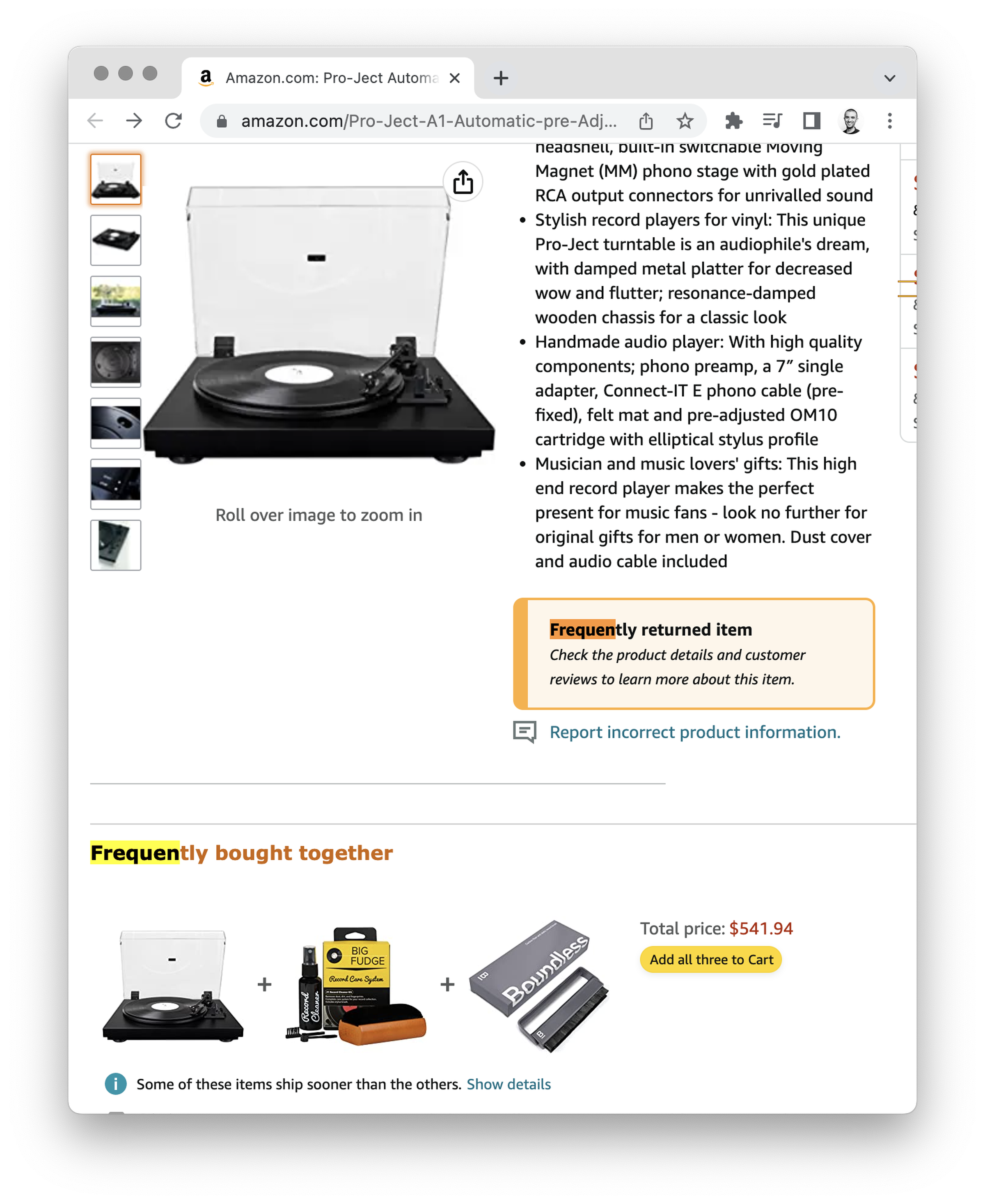 A screenshot taken from the Amazon shopping platform. It shows a listing for a record player with a new warning label that discloses this is a frequently returned product.