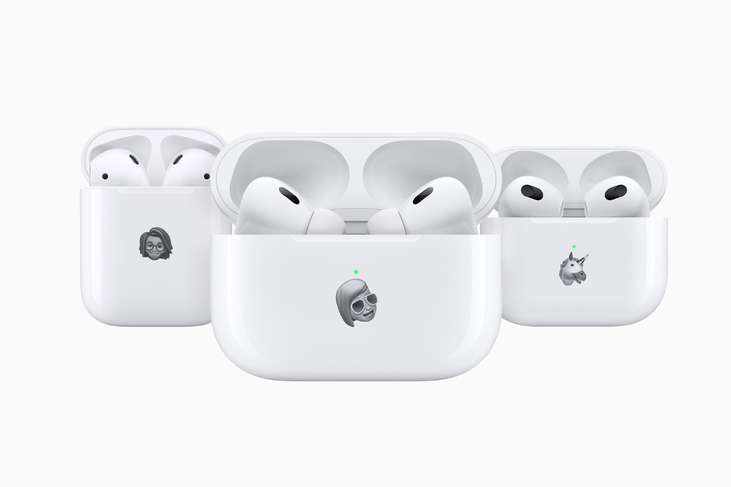 The second-gen AirPods (left), second-gen AirPods Pro (middle), and third-gen AirPods (right).