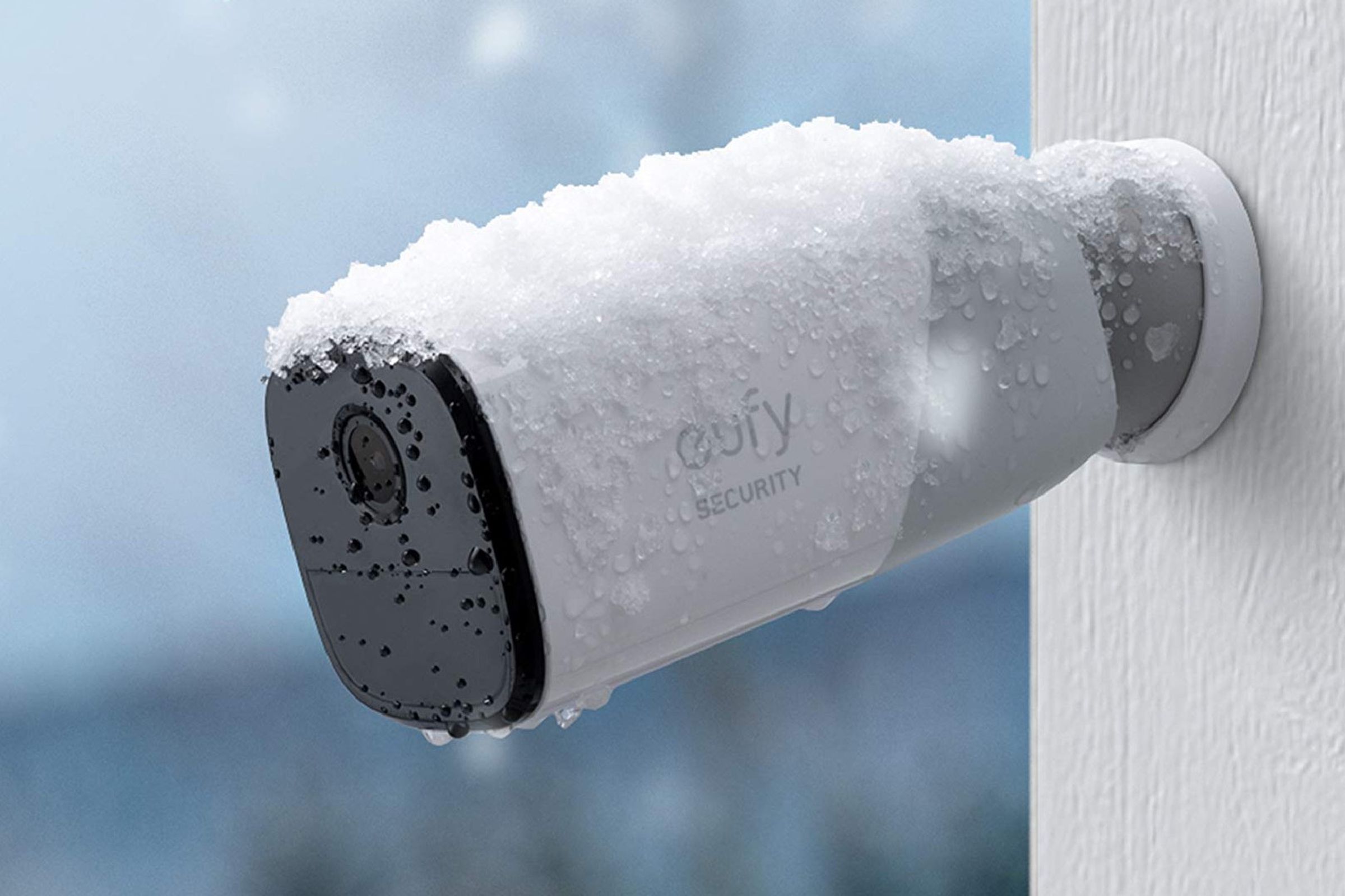 A Eufy camera covered in snow.﻿