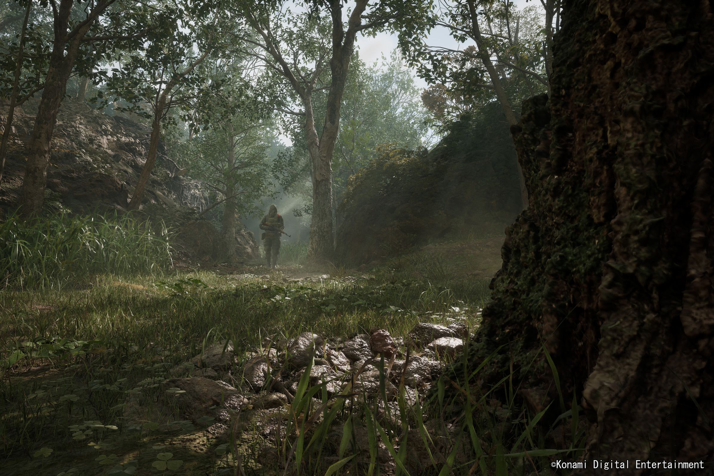 A screenshot from Konami’s MGS3 remake showing a soldier in a forest environment.