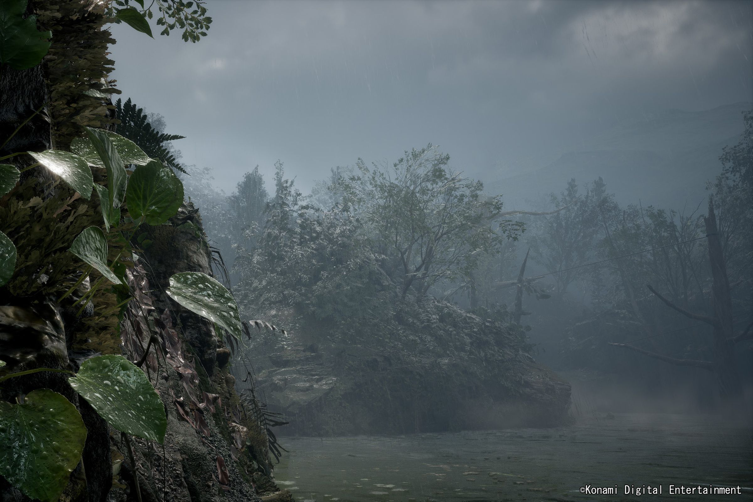 A screenshot from Konami’s MGS3 remake showing a misty swamp.