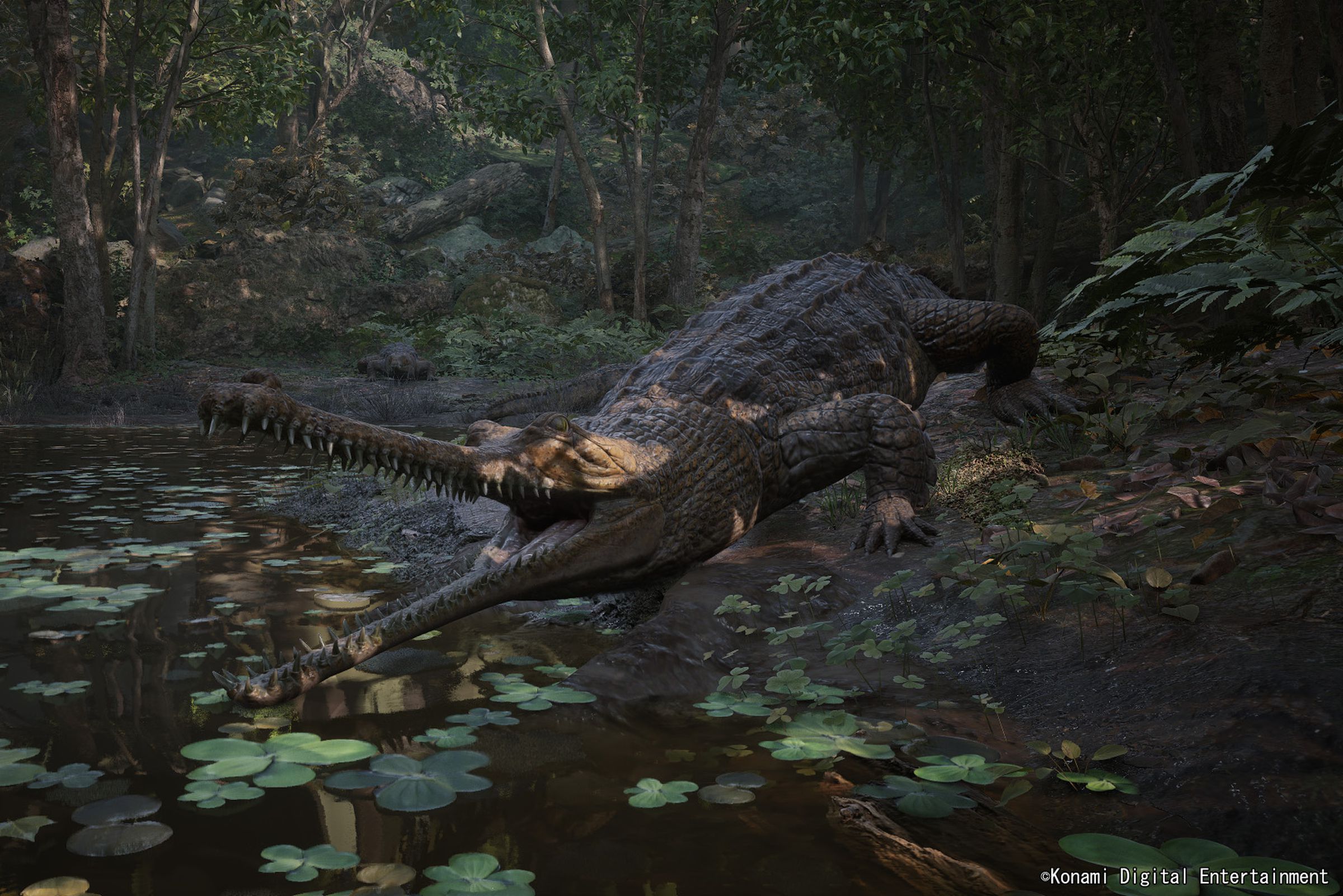 A screenshot from Konami’s MGS3 remake showing a crocodile.