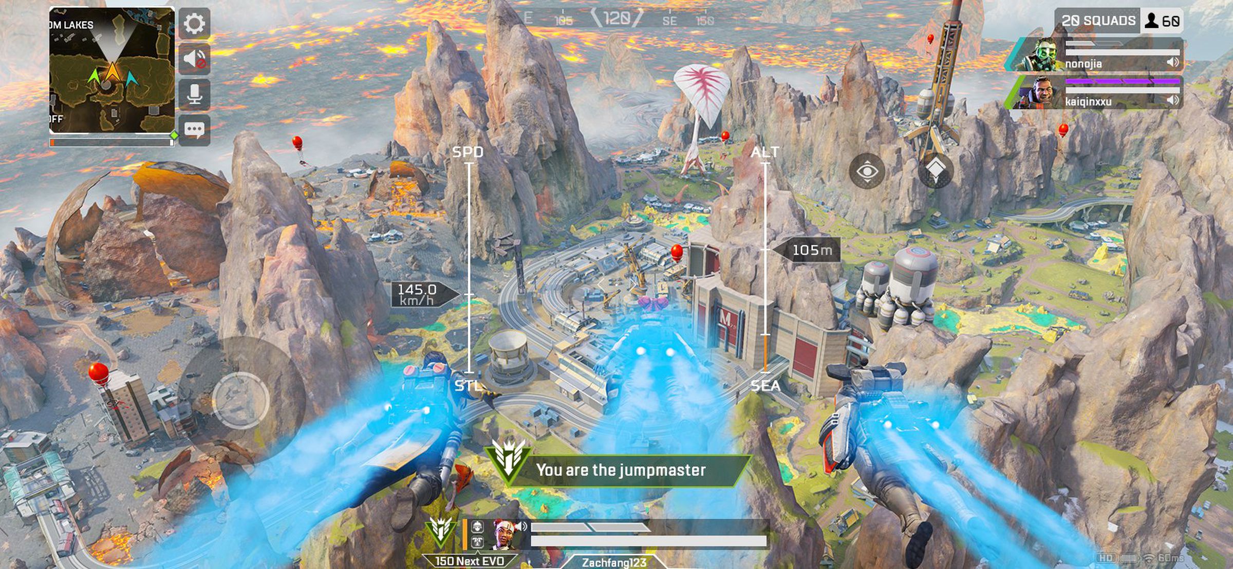 Screenshot of Apex Legends Mobile: A river flows through a rocky landscape; a caption reads “You are the jumpmaster.”