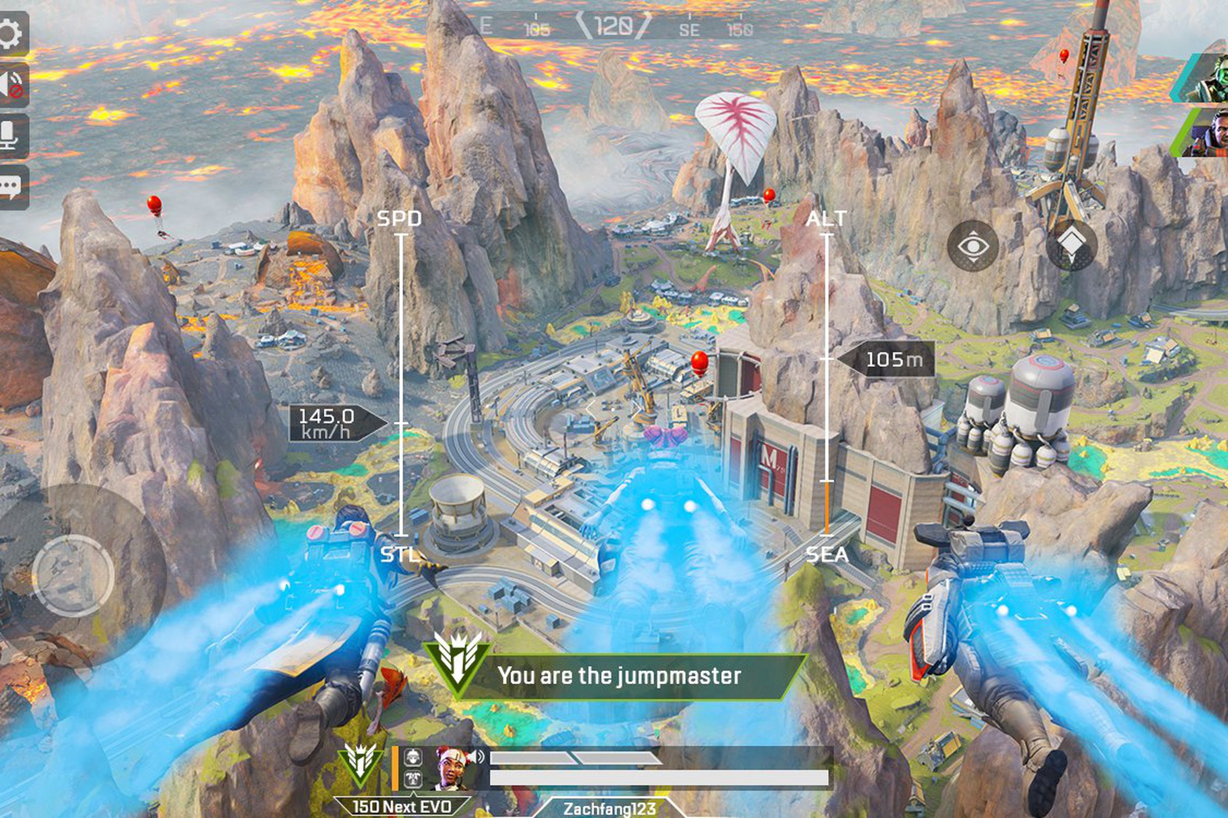 Screenshot of Apex Legends Mobile: A river flows through a rocky landscape; a caption reads “You are the jumpmaster.”