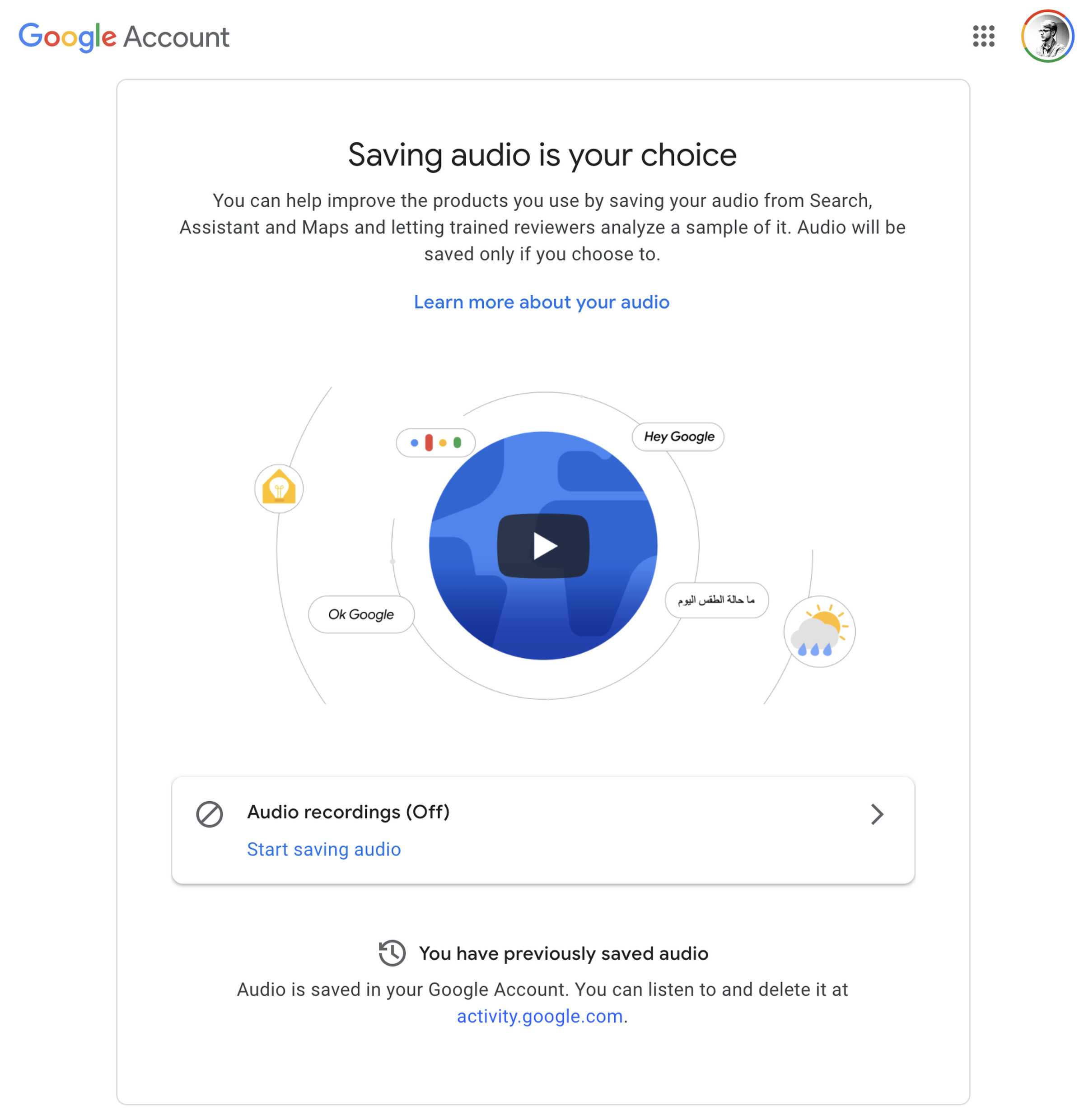 Google’s website for opting back in to having audio recordings saved