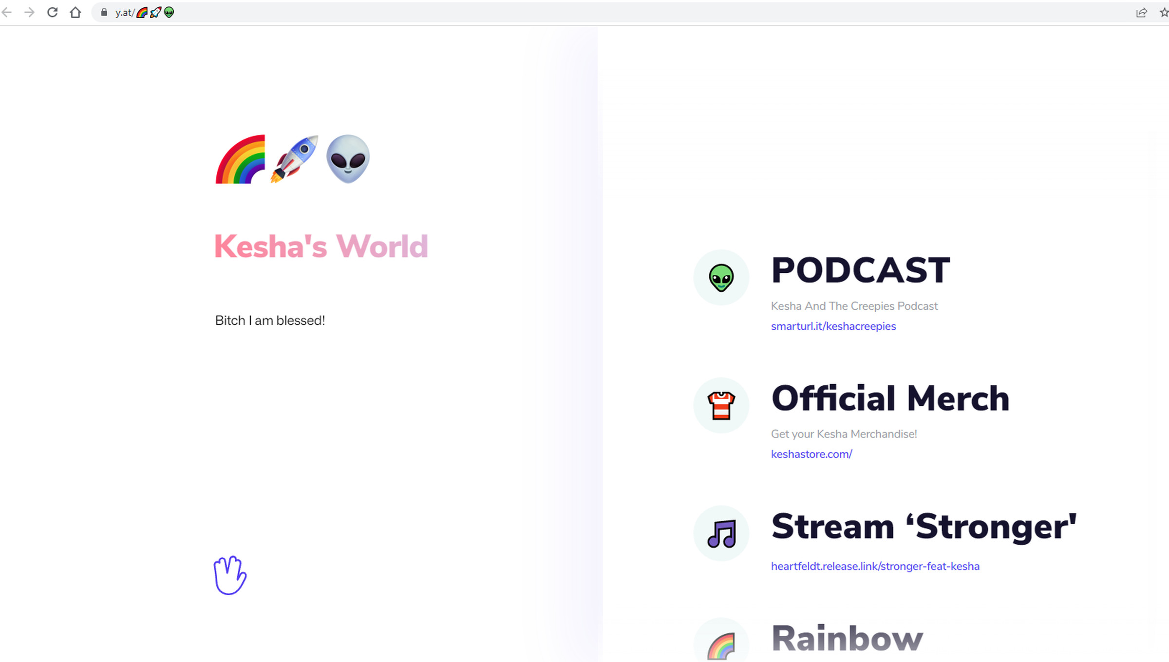 Kesha’s Rainbow, Rocket, Alien Yat page redirects to her website.