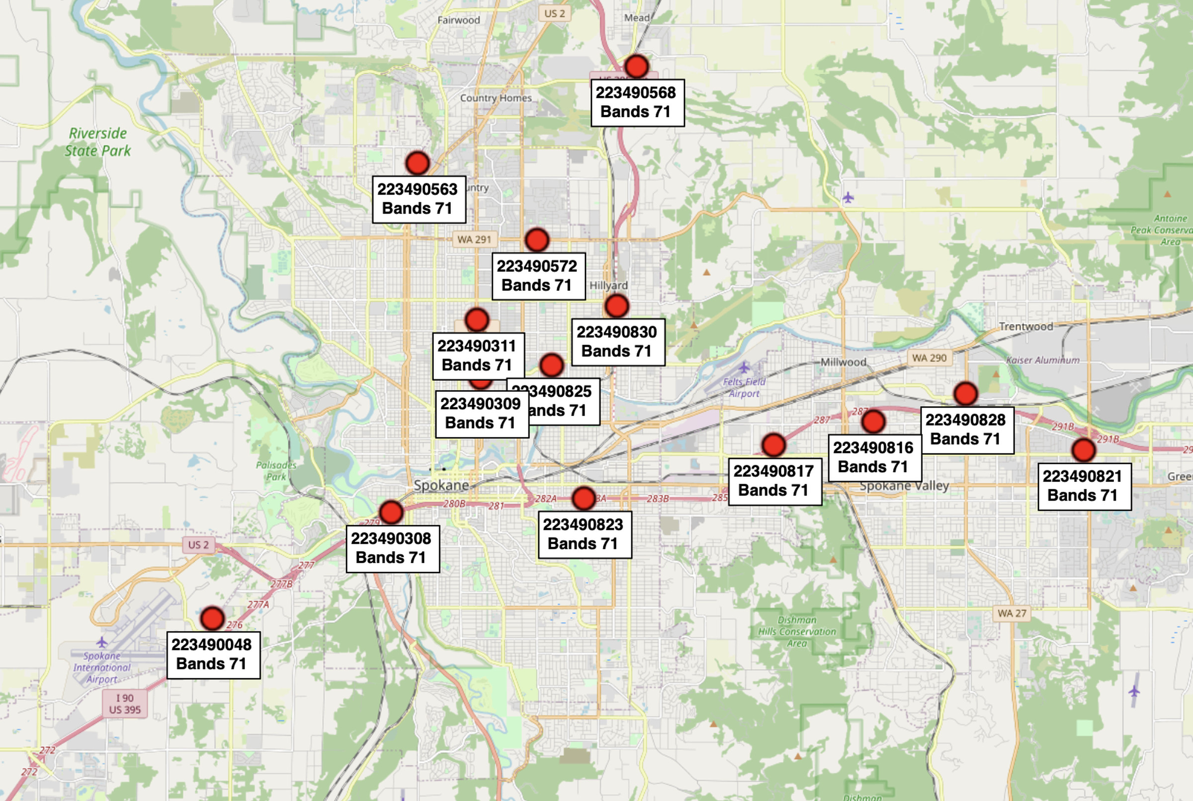 All the towers in Spokane that my phone connected to were putting out signal on Band 70.