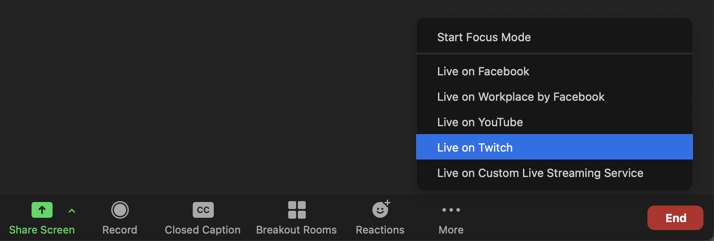 The Live on Twitch button in Zoom is pretty user-friendly compared to the other ways to broadcast a meeting to the service.