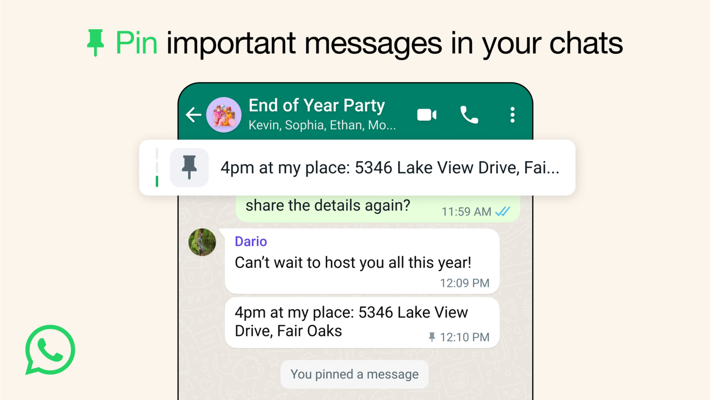A screenshot of WhatsApp with a pinned message up top.