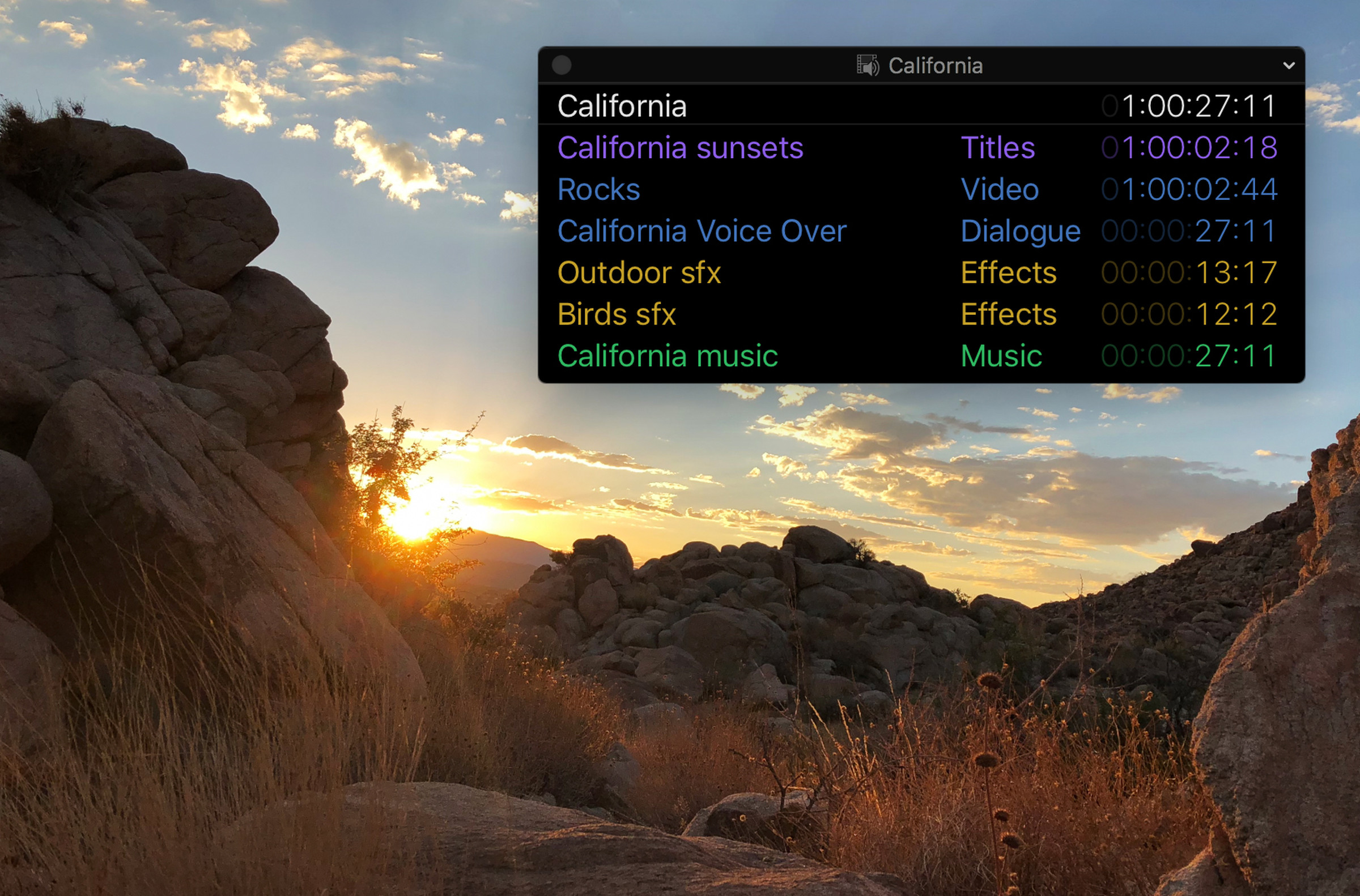 Color-coded clips, roles, project and source timecodes.