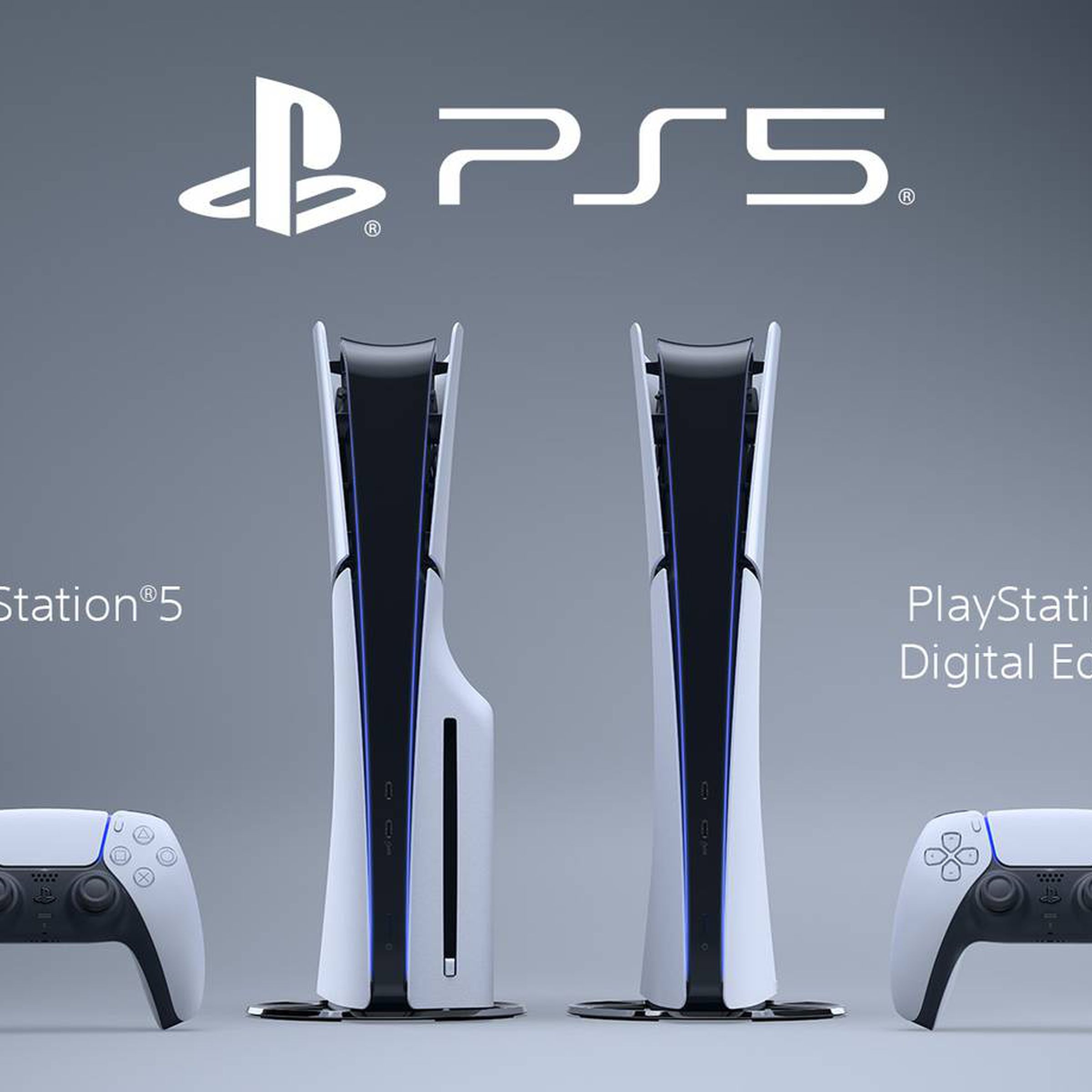 An image of the new PS5 models. On the left, the disc drive version, on the right, the digital version.