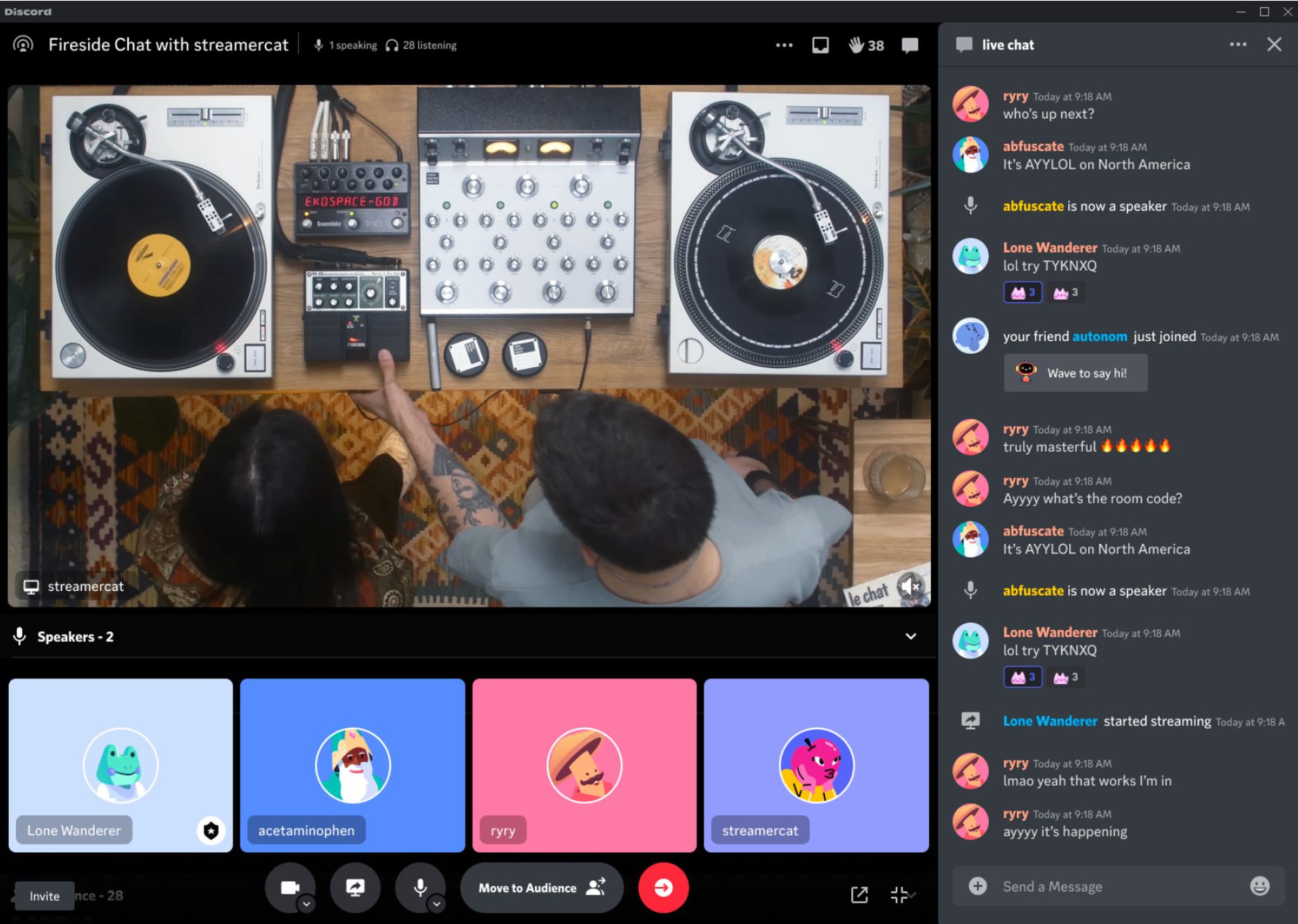 A livestream being hosted on a Discord Stage featuring two people mixing music with record players.