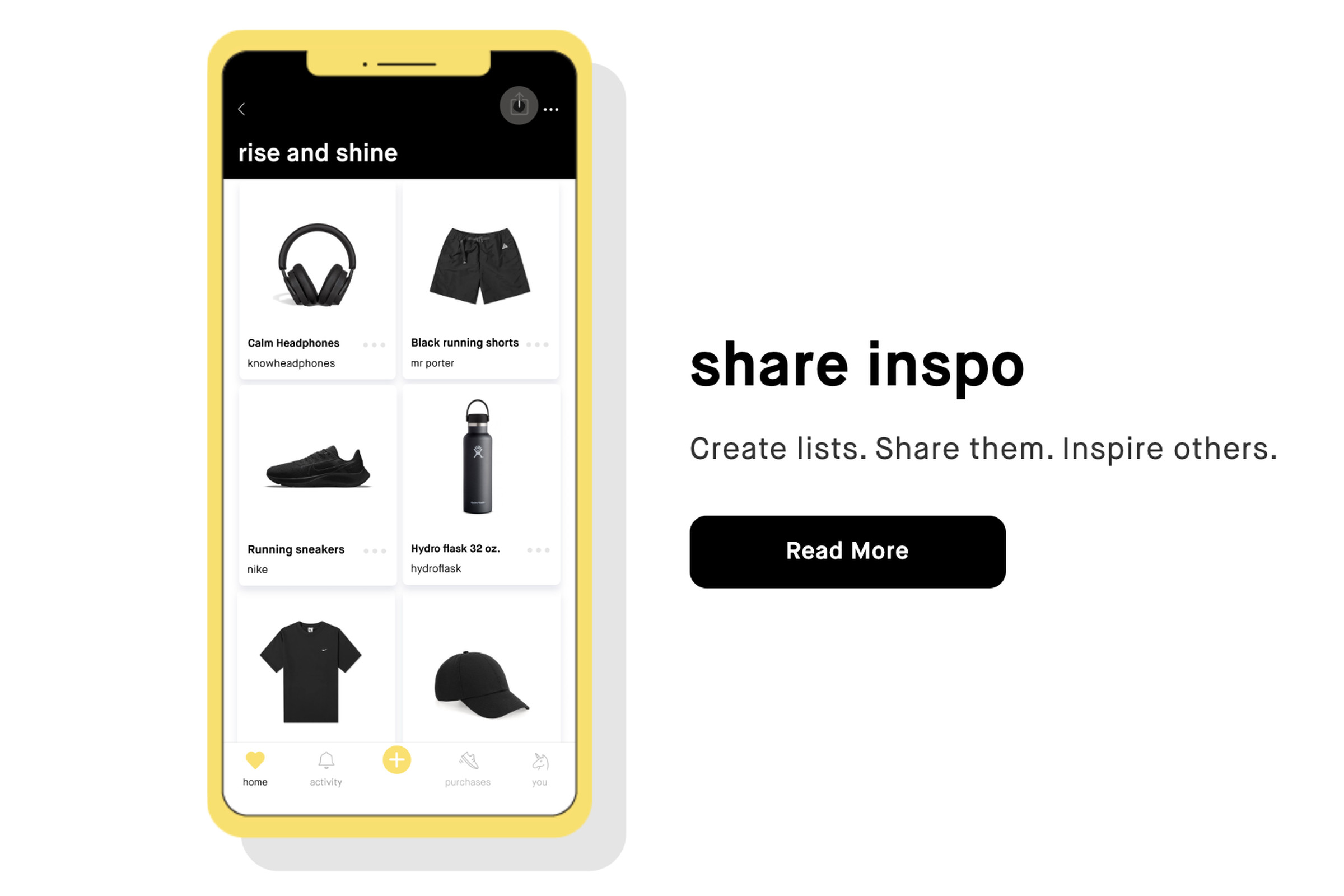 Nate app marketing material reading “Share inspo. Create lists. Share them. Inspire others.”