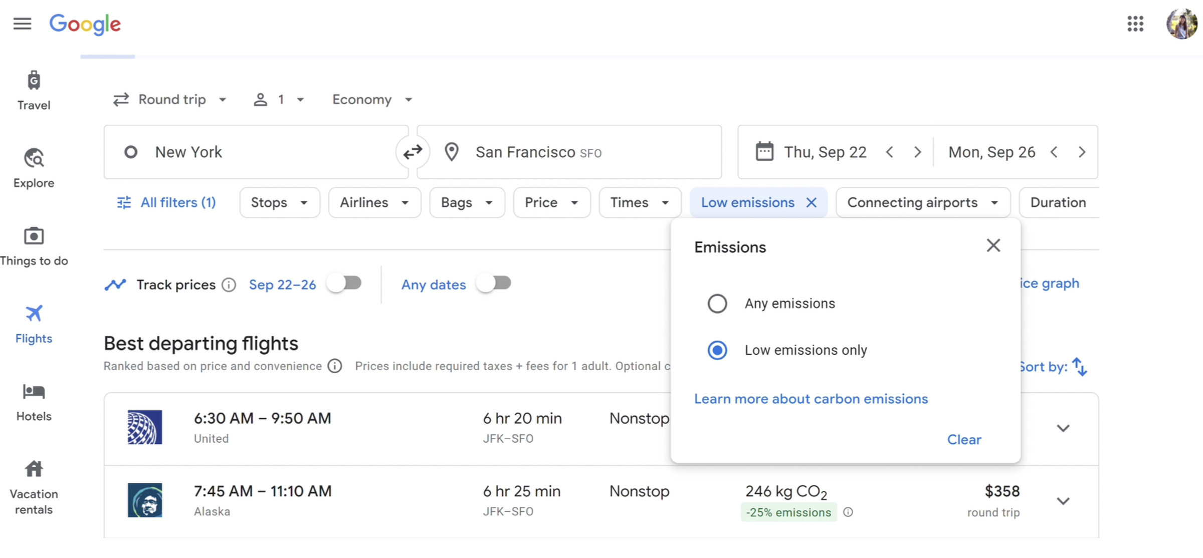 Search results in Google Flights with the option to view the results in order of low emissions