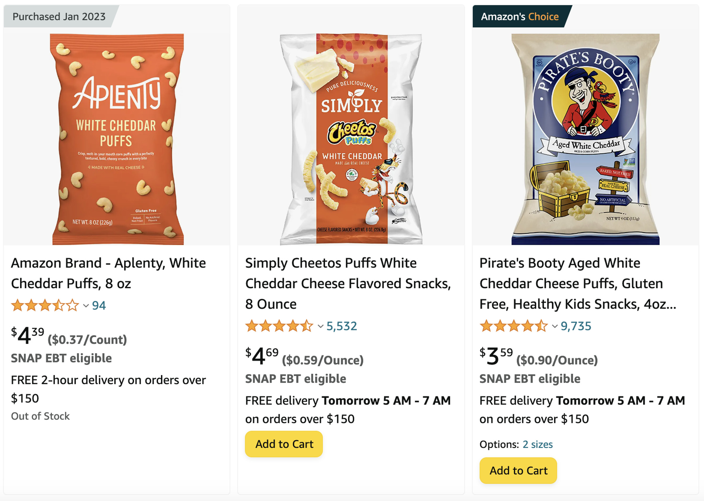 Screenshot of Amazon Fresh product listings showing cheddar puffs out of stock.